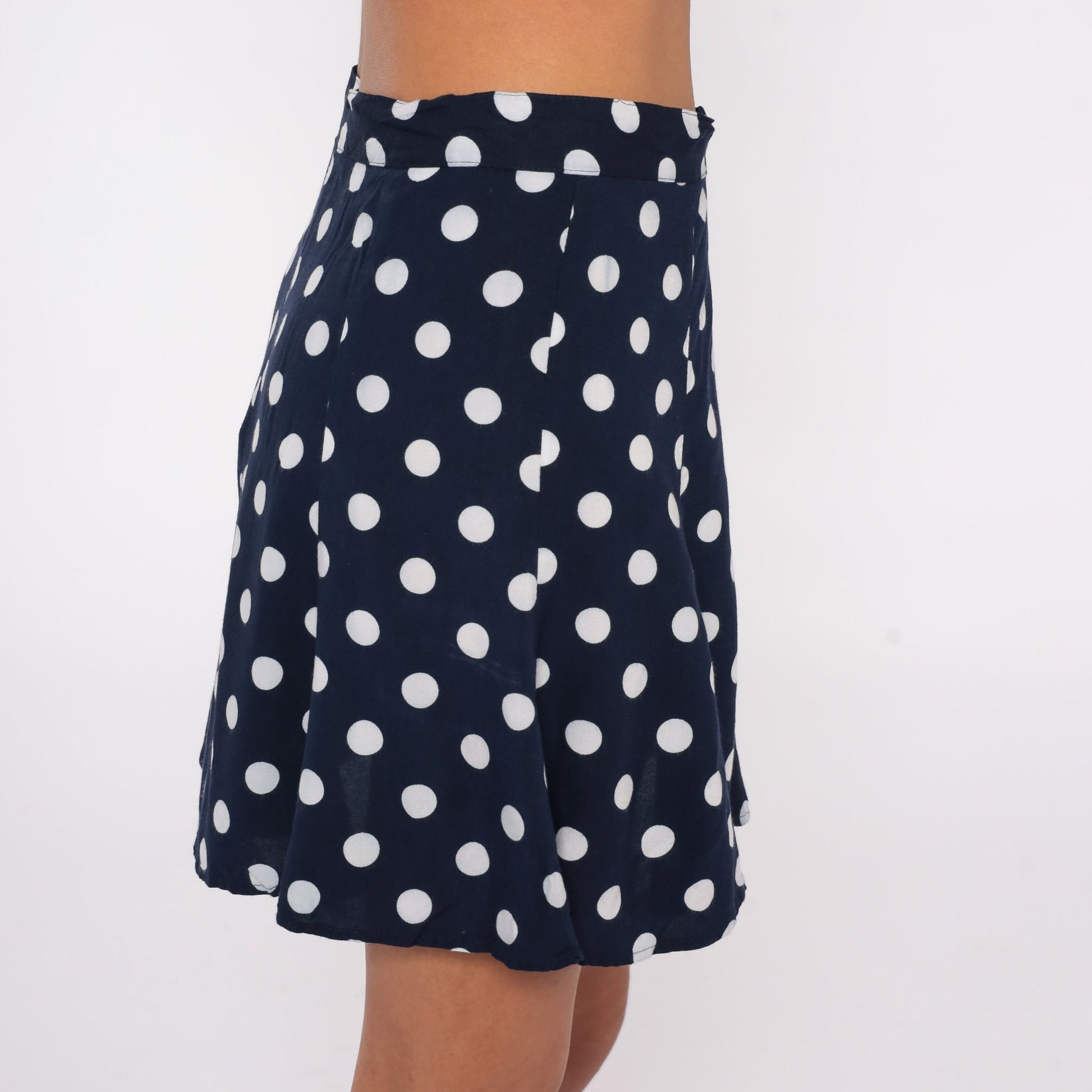 90s Navy Polka Dot Mini Skirt High Waist Pleated Small S