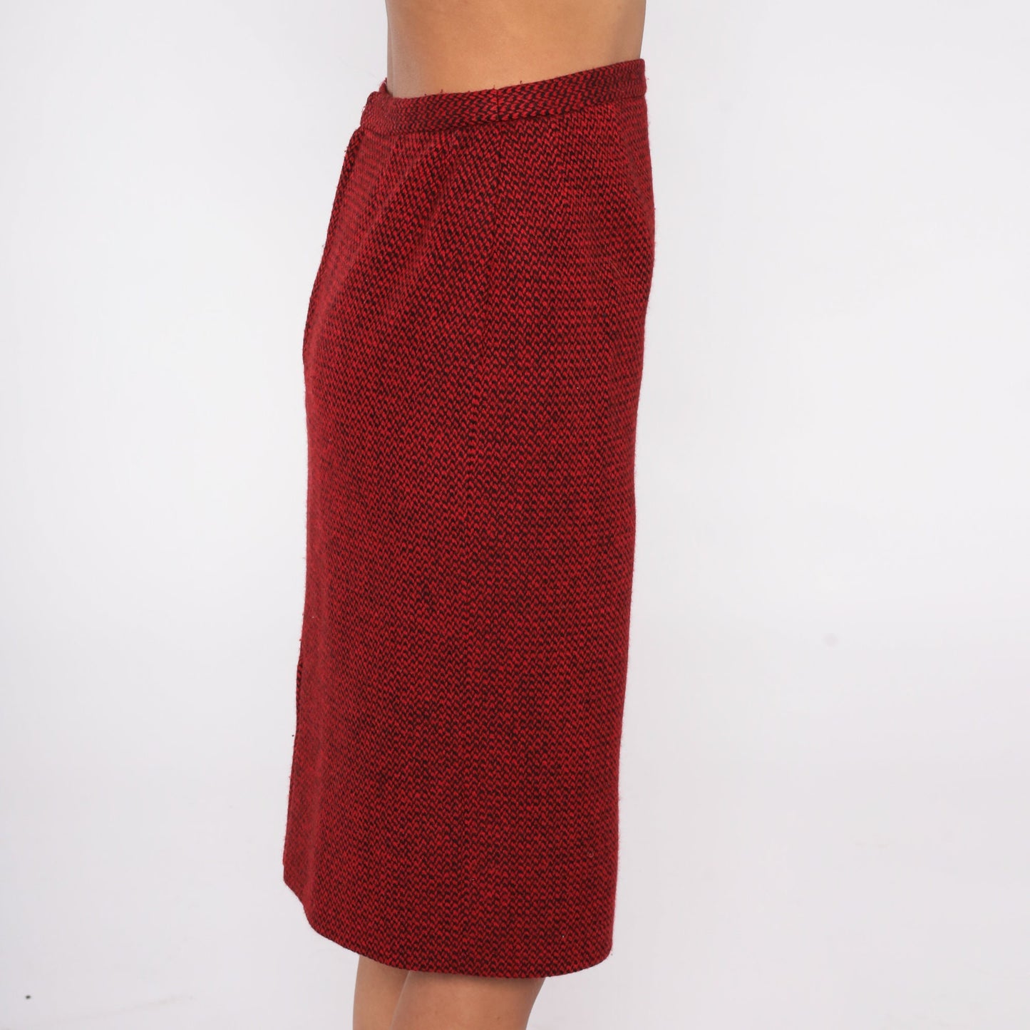80s Guy LaRoche Wool Cashmere Mini Pencil Skirt Red Black High Waist Small