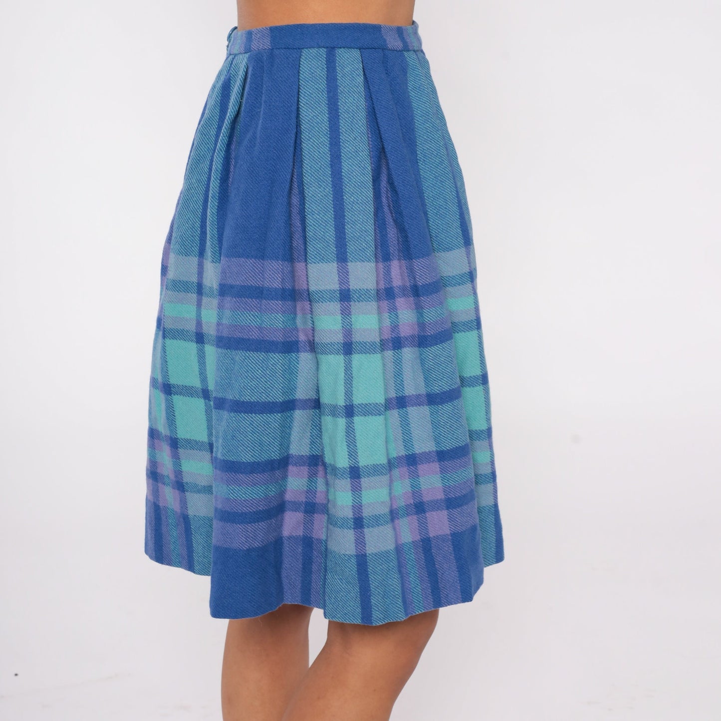 70s Blue Plaid Wool Mini Skirt High Waisted Pleated Tartan Extra Small