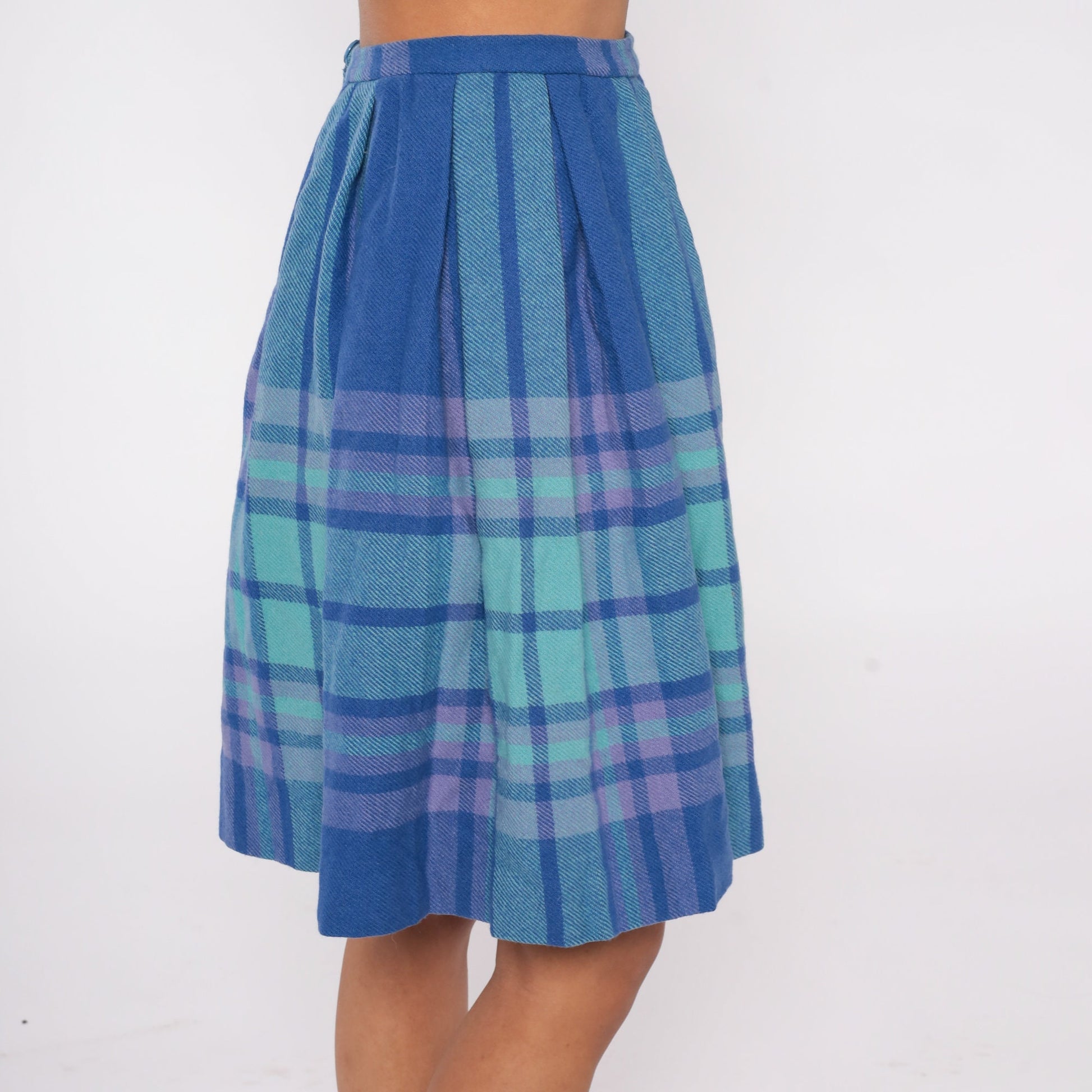 70s Blue Plaid Wool Mini Skirt High Waisted Pleated Tartan Extra Small