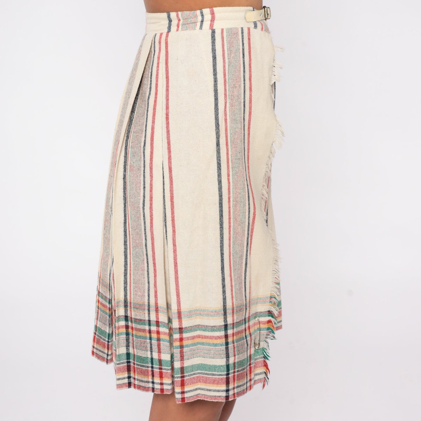 80s Plaid Wool Blend Mini Skirt High Waisted Buckle Strap Pleated XS