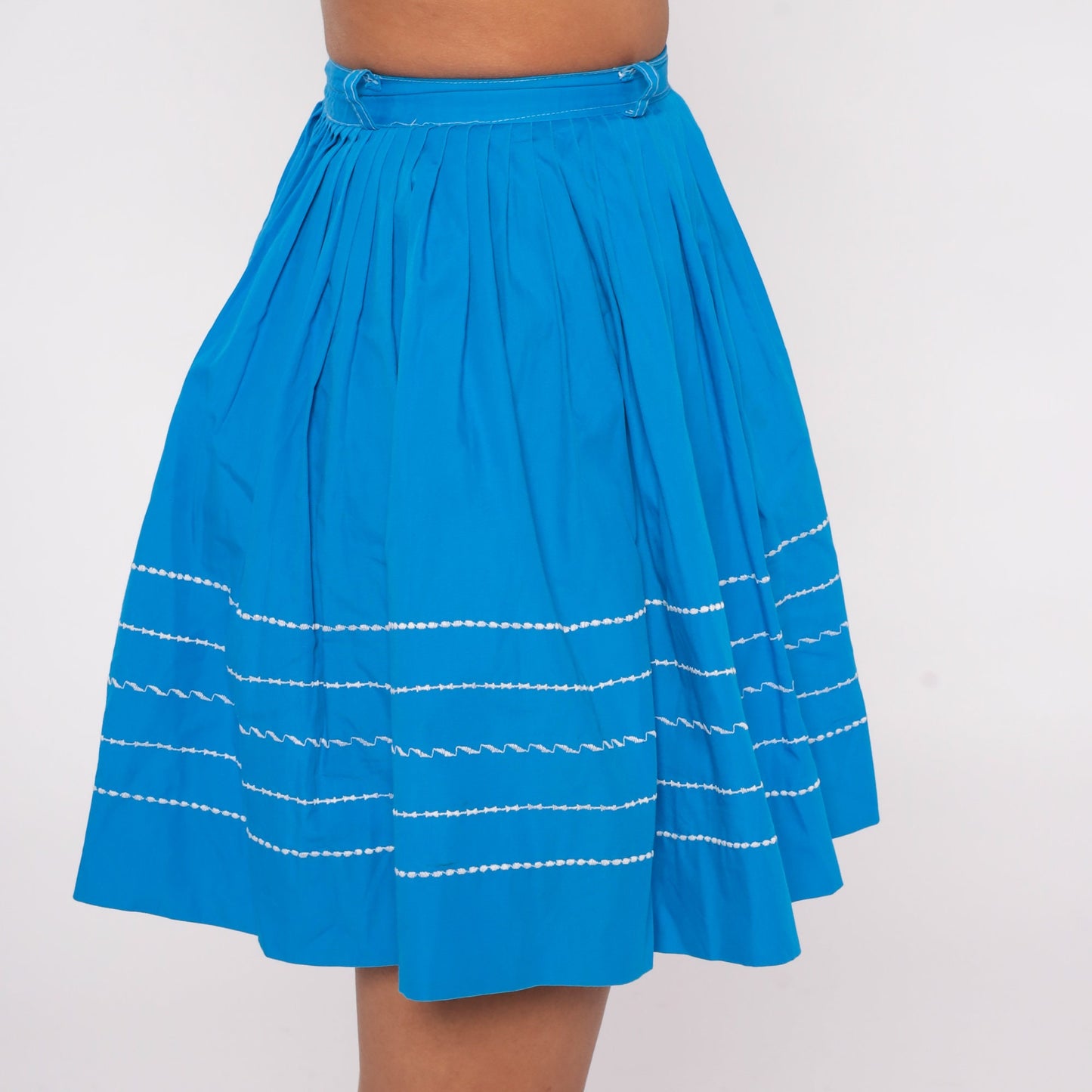 60s Blue Striped Pleated Mini Skirt High Waist Cotton 2XS