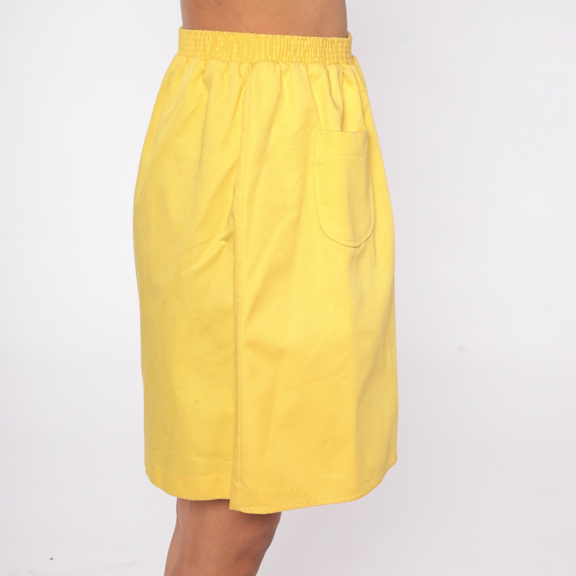 80s Yellow Mini Skirt Tulip Hem High Waist Elastic Pocket Medium M