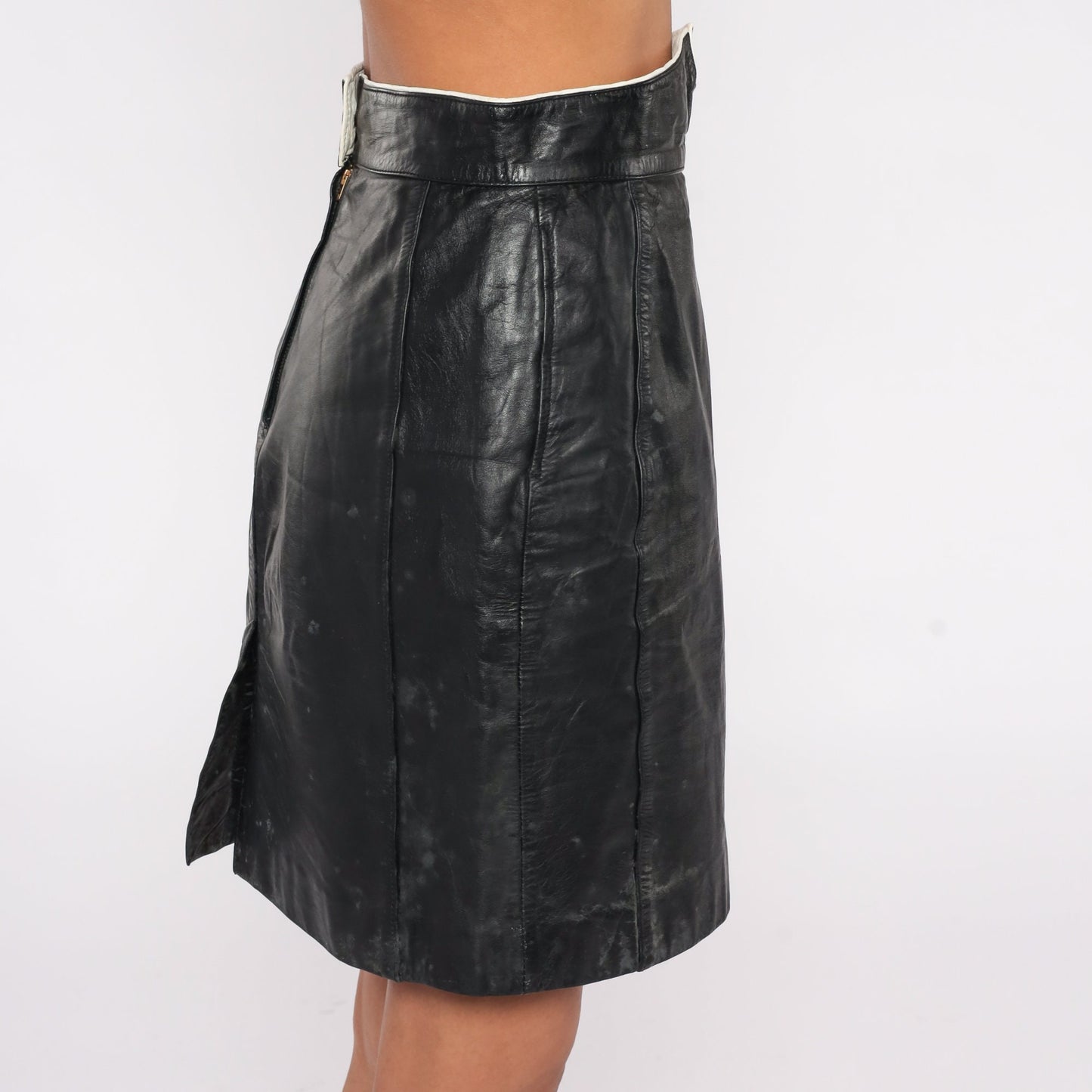 90s Black Leather Mini Skirt High Waisted Pencil White Trim Small S