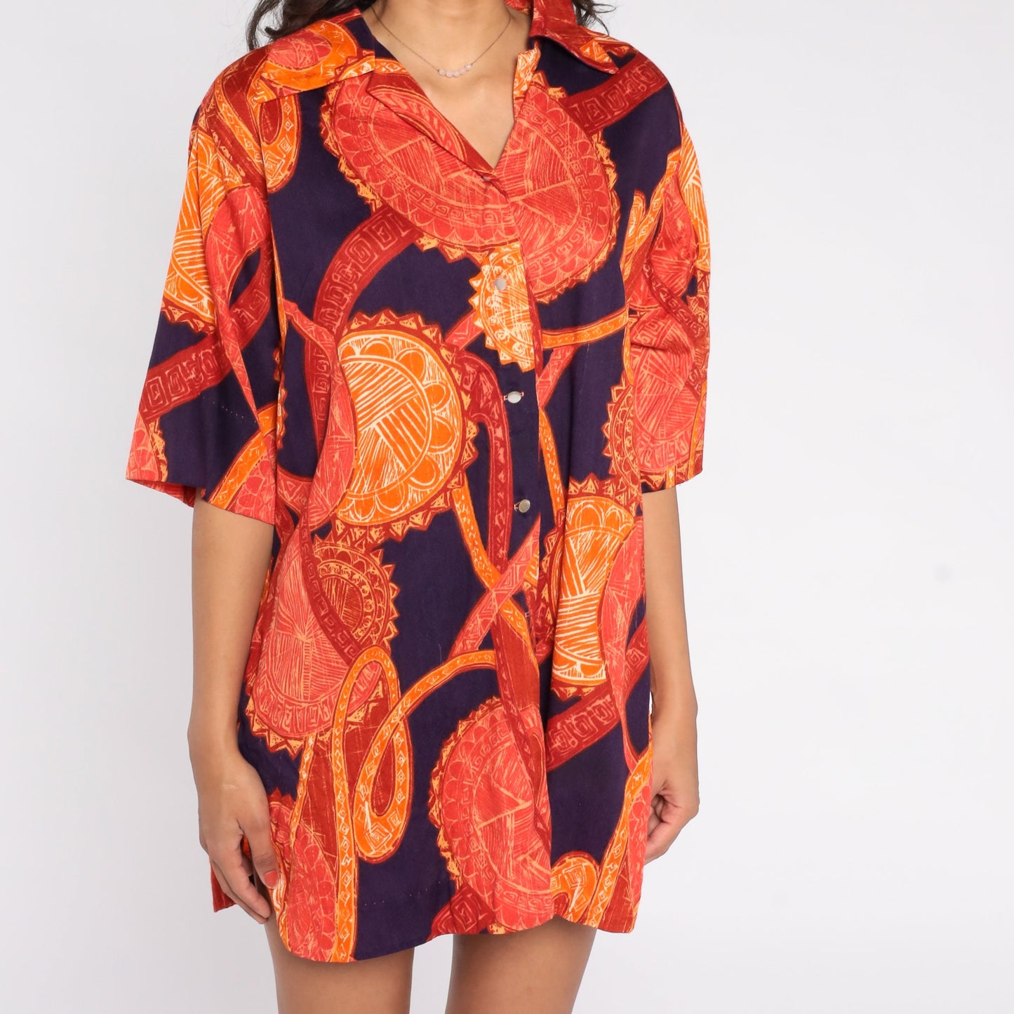 70s Purple Orange Abstract Medallion Print Button-Up Blouse Short Sleeve Extra Large XXL