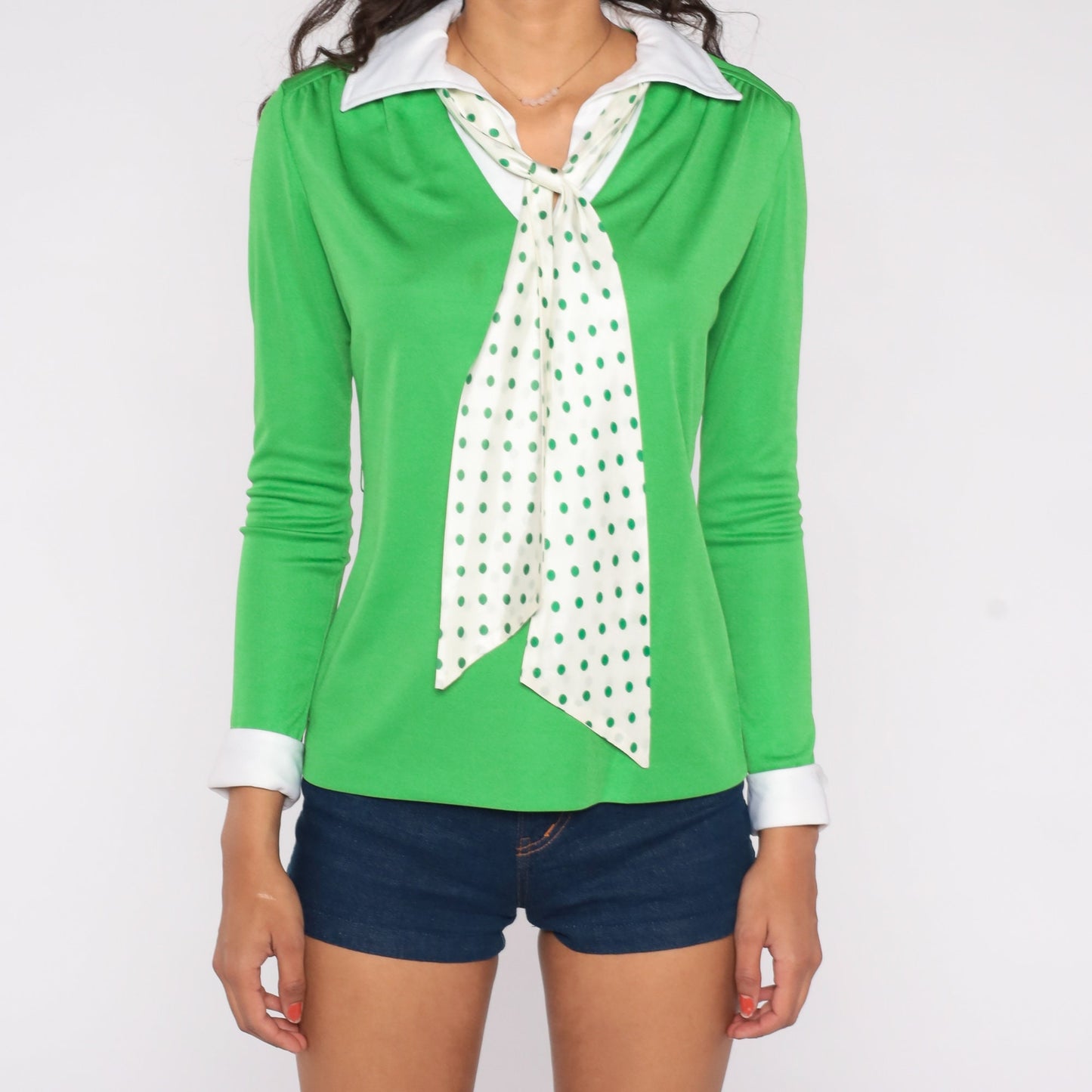 60s R and K Originals Necktie Blouse Green Polka Dot Collared Small