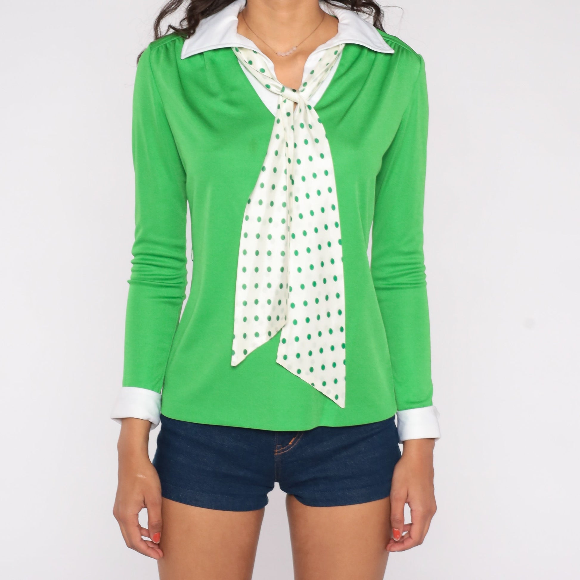 60s R and K Originals Necktie Blouse Green Polka Dot Collared Small