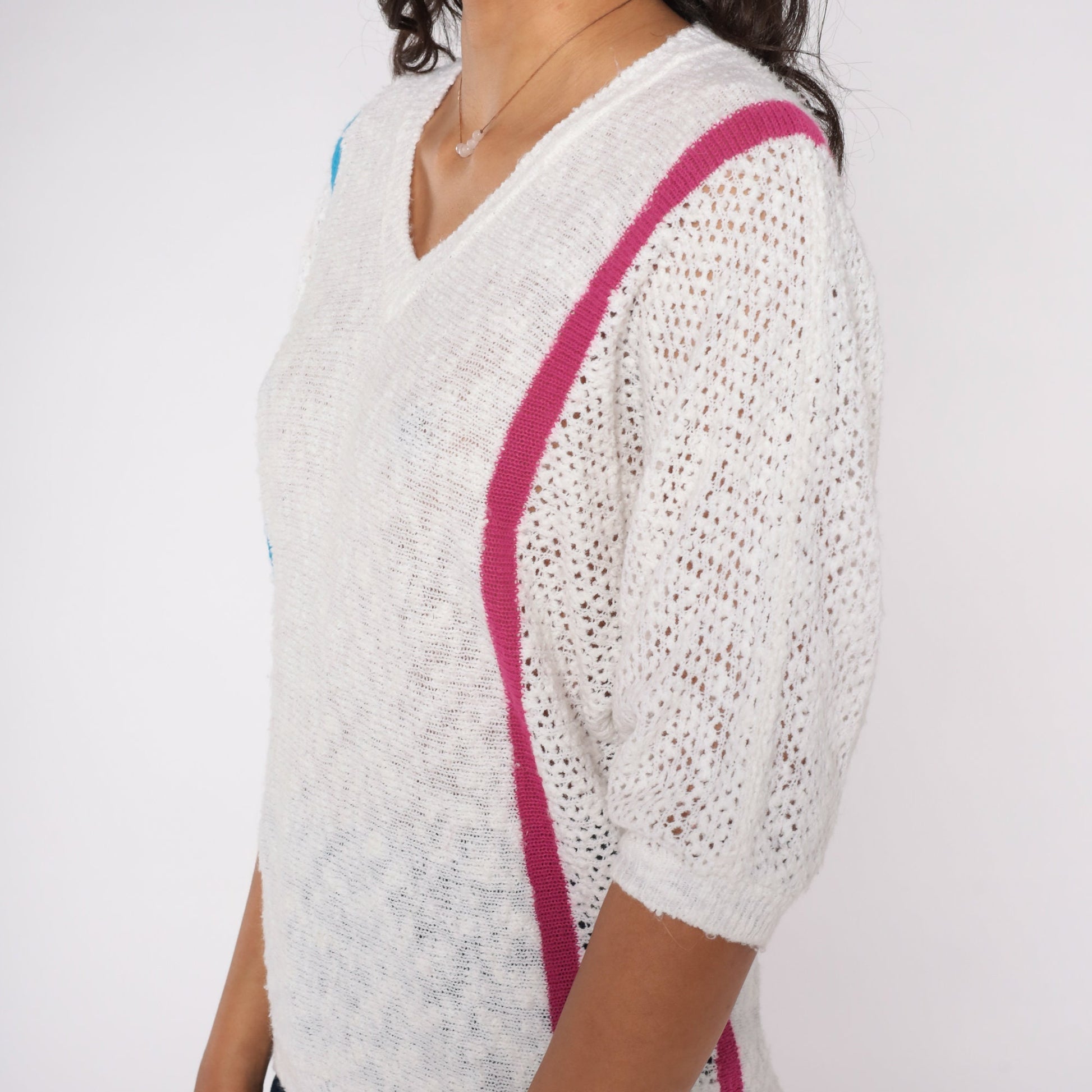 80s White Striped Knit Sweater Top Pink Blue V-Neck Short Sleeve Medium Large