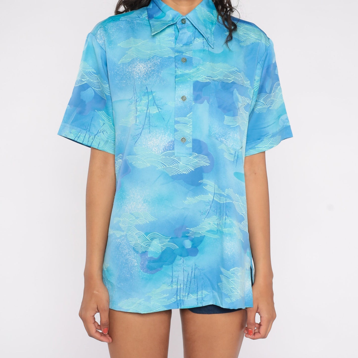 70s Lehua Hawaii Polo Shirt Blue Abstract Cloud Wave Print Medium M