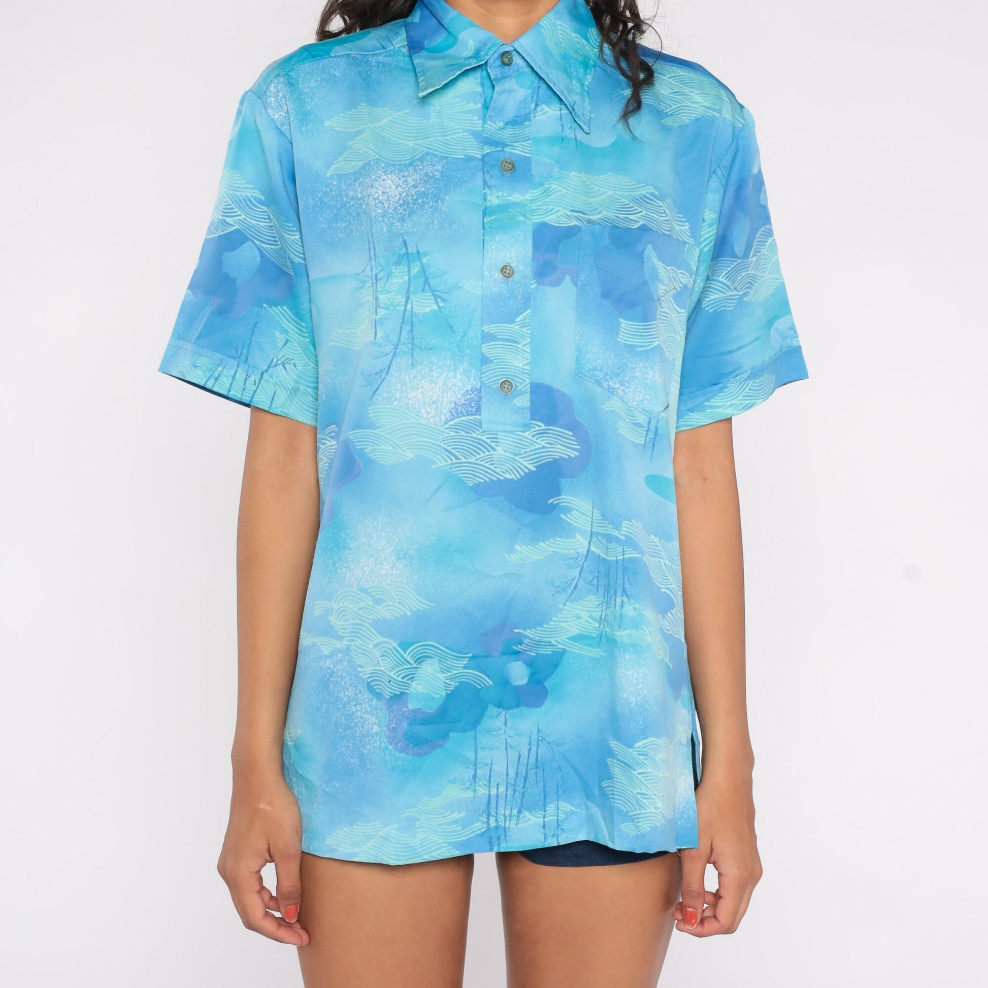 70s Lehua Hawaii Polo Shirt Blue Abstract Cloud Wave Print Medium M