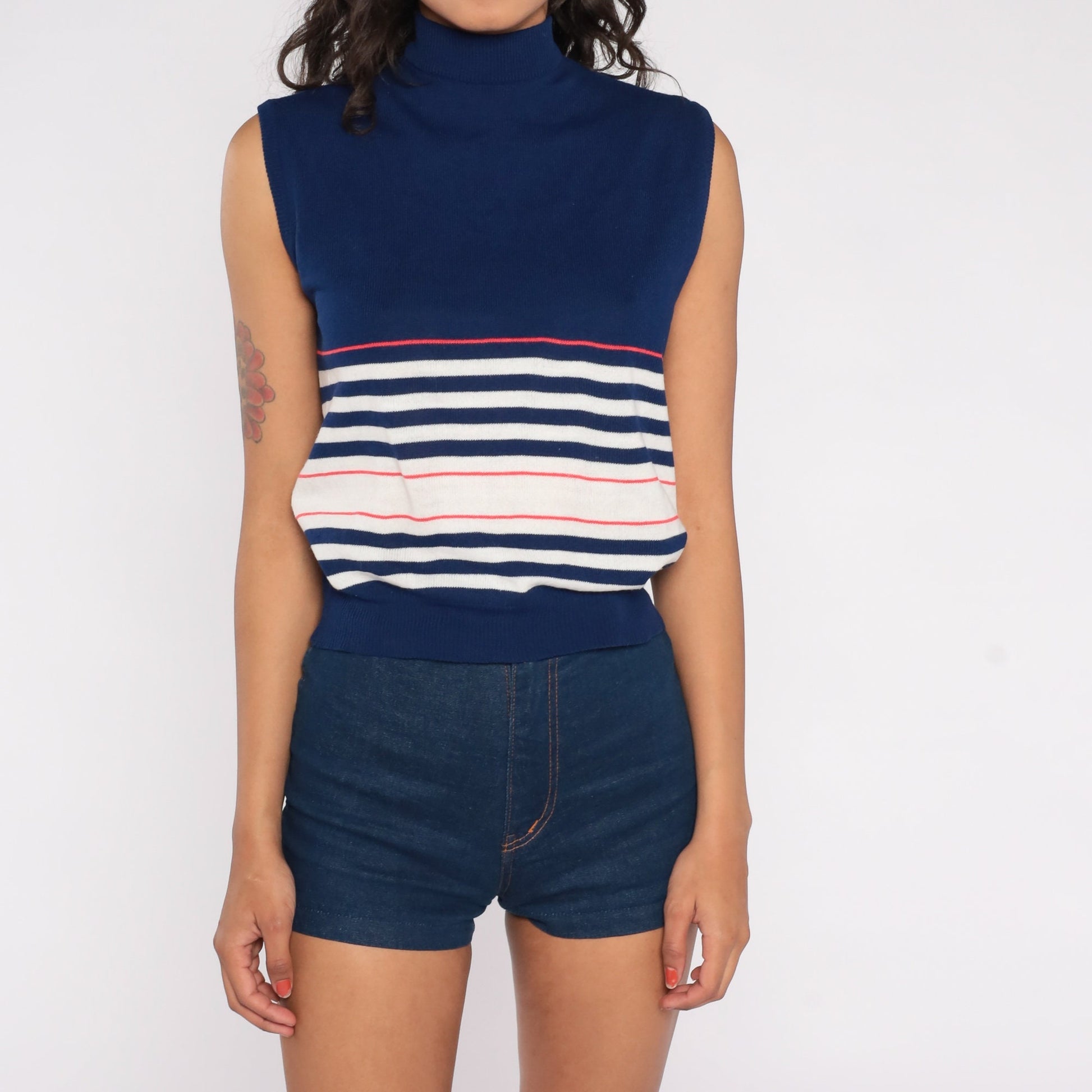 70s Blue Striped Knit Tank Top Mock Neck Sleeveless Sweater Medium