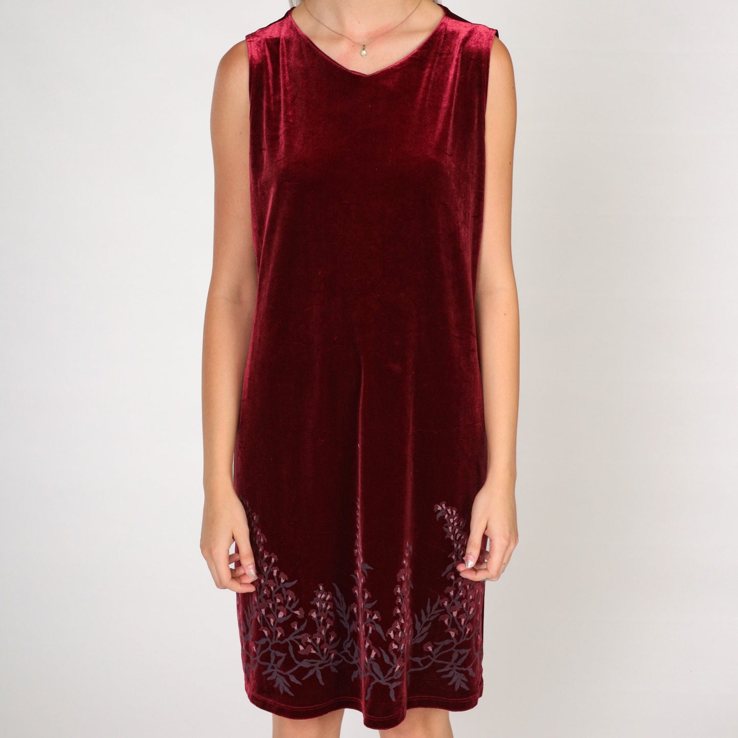 00s Red Velvet Floral Mini Dress Sleeveless Shift Small Medium