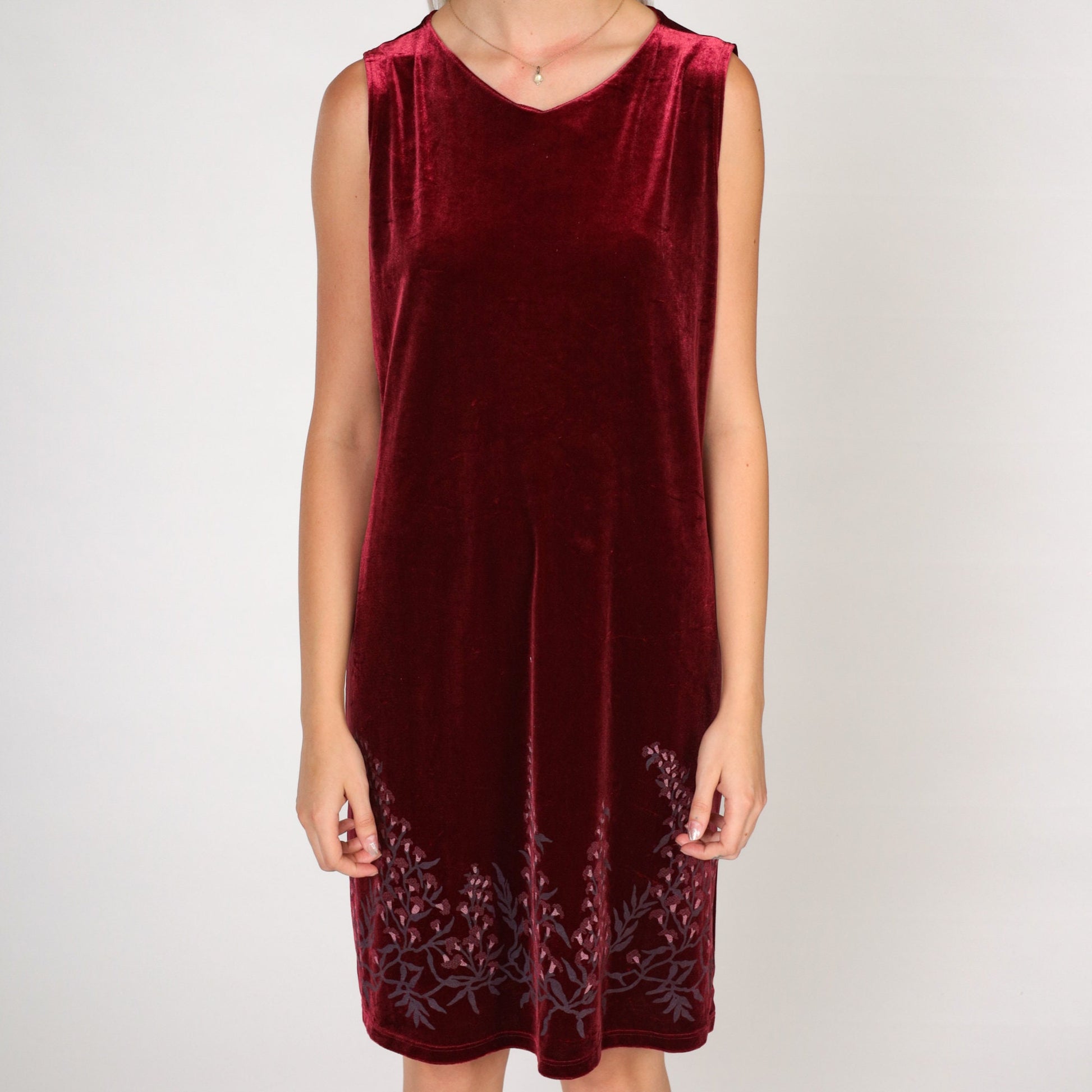 00s Red Velvet Floral Mini Dress Sleeveless Shift Small Medium