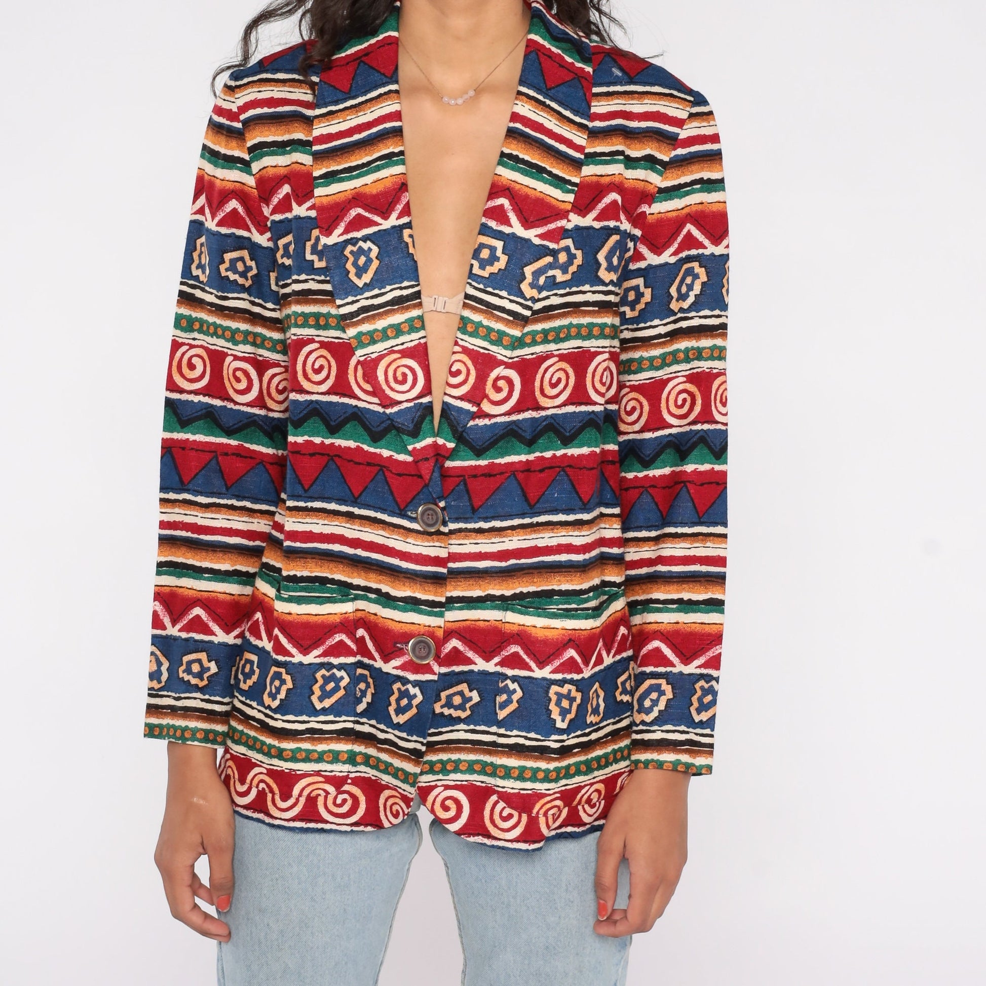 90s Southwestern Striped Blazer Red Blue Geometric Jacket Petite 8