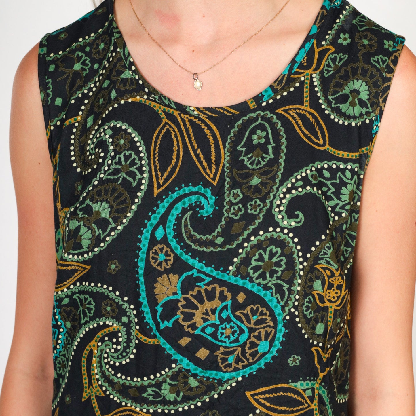 90s Paisley Mini Shift Dress Sleeveless Black Green Medium
