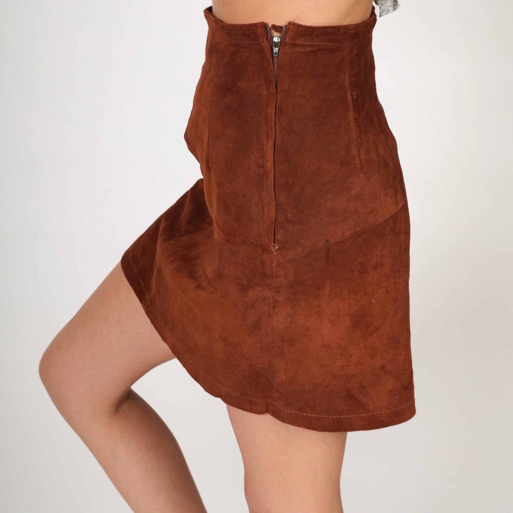 80s Brown Suede Mini Skirt High Waist Lace Up Pencil Cut Extra Small