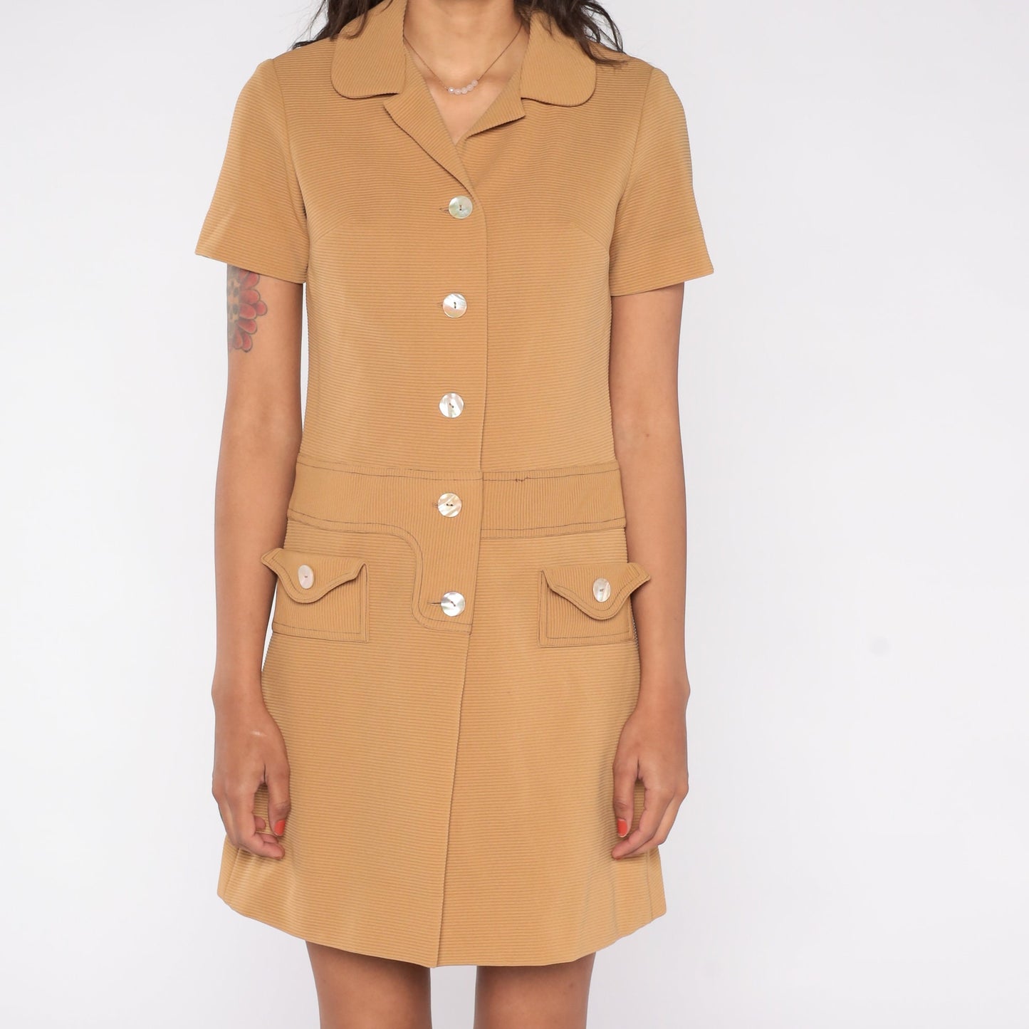 60s Mod Tan Shift Mini Dress with Built-In Shorts Medium