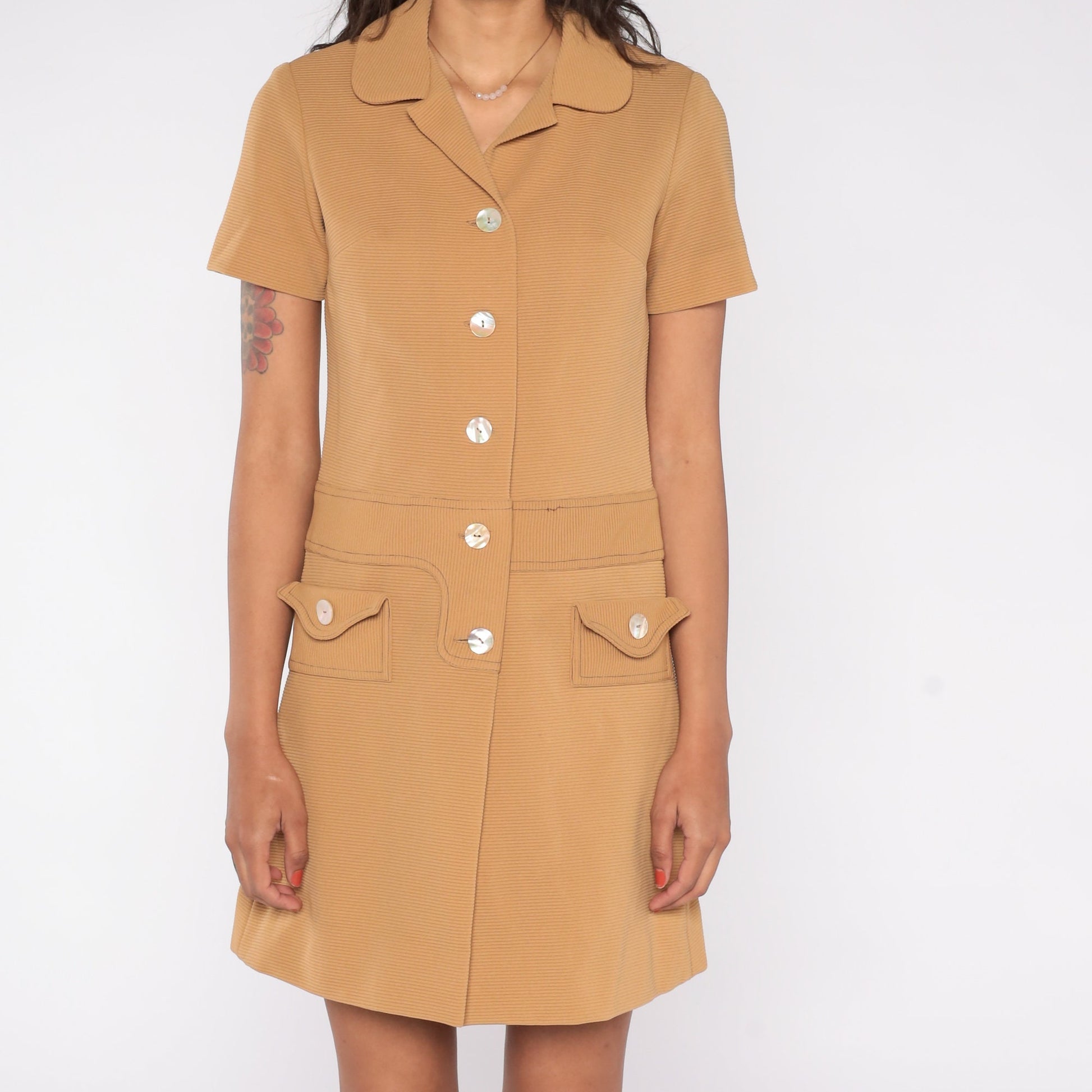 60s Mod Tan Shift Mini Dress with Built-In Shorts Medium