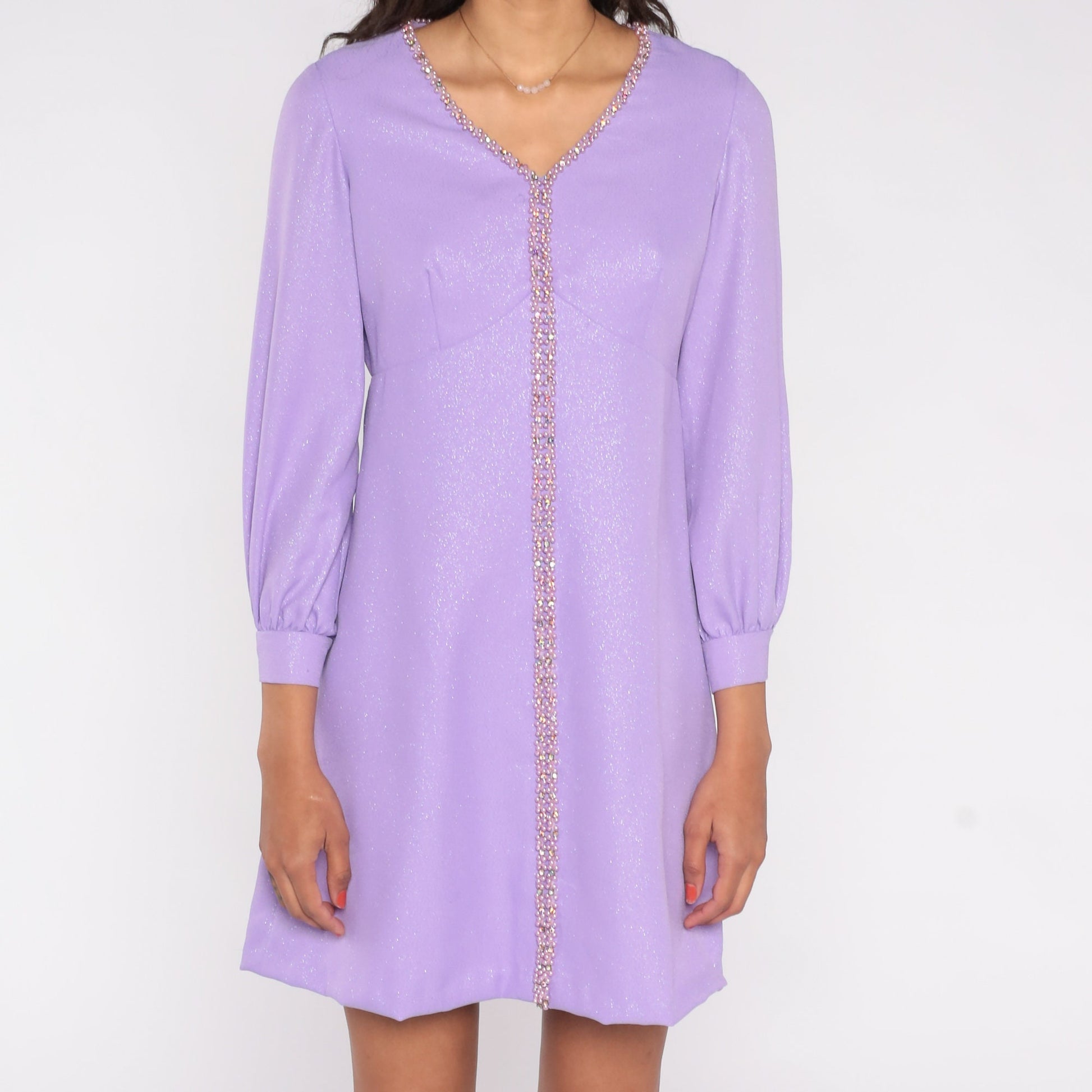 70s Metallic Purple Mini Dress Beaded Empire Waist Long Sleeve Small