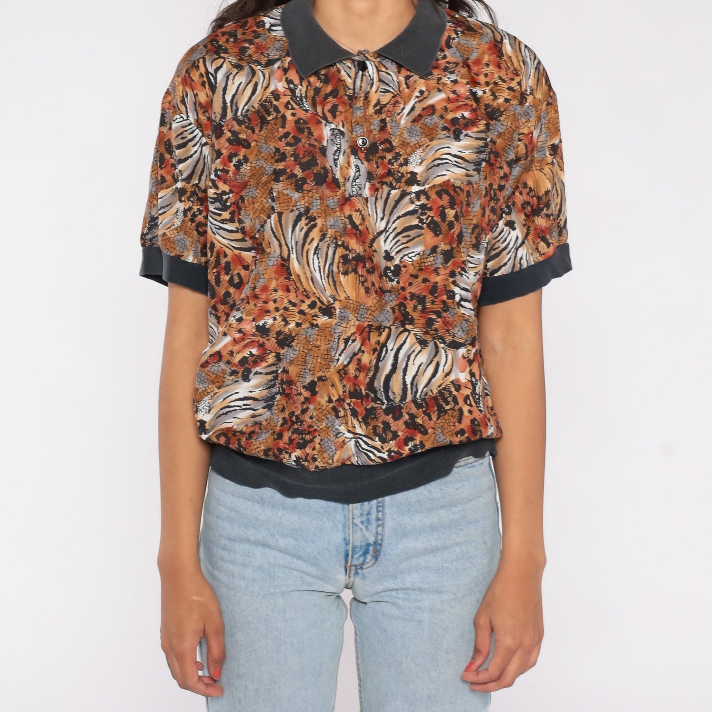 90s Leopard Tiger Print Polo Shirt Slouchy Collared Top Medium