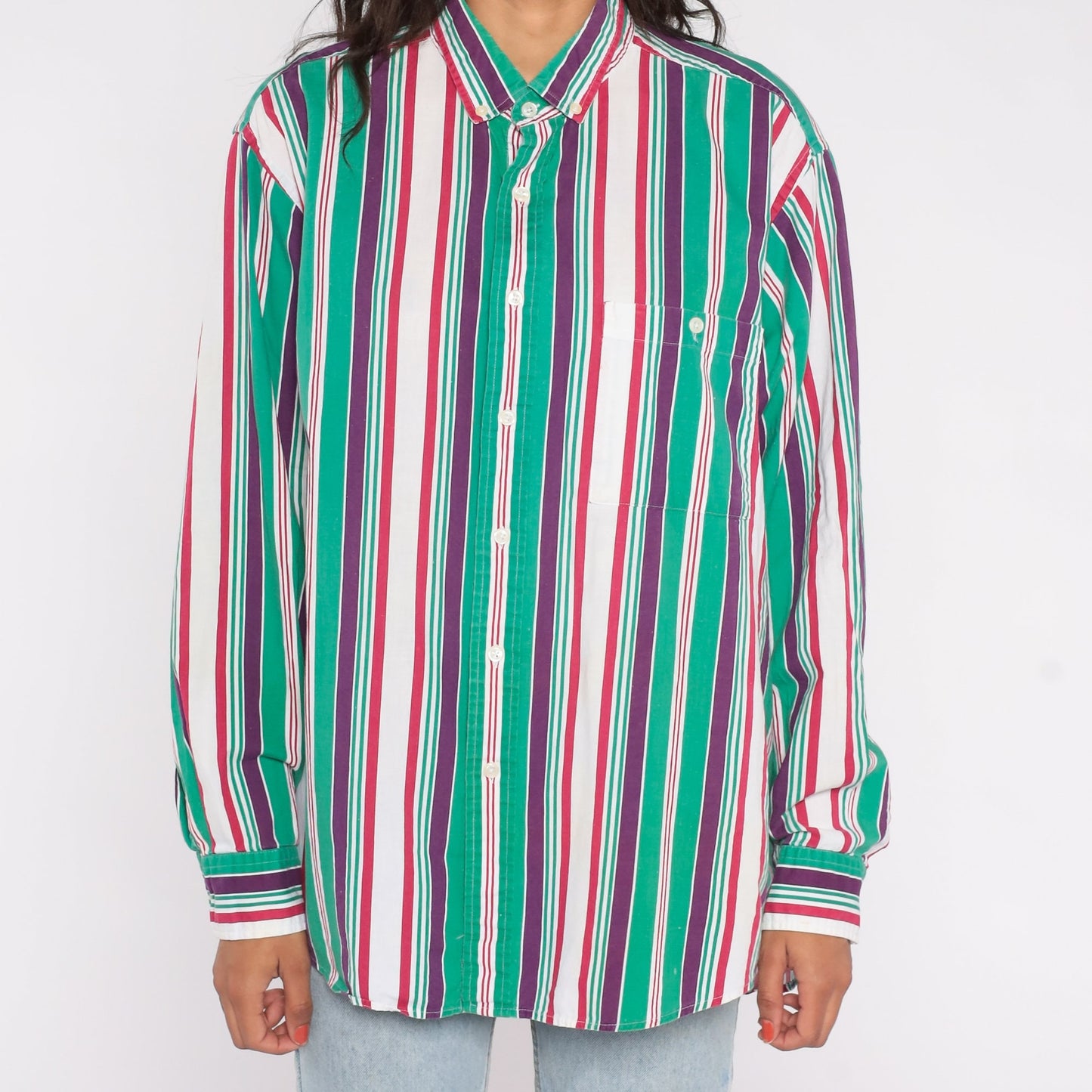 90s Sears Roebuck Striped Cotton Button-Up Shirt Green Purple Extra Large