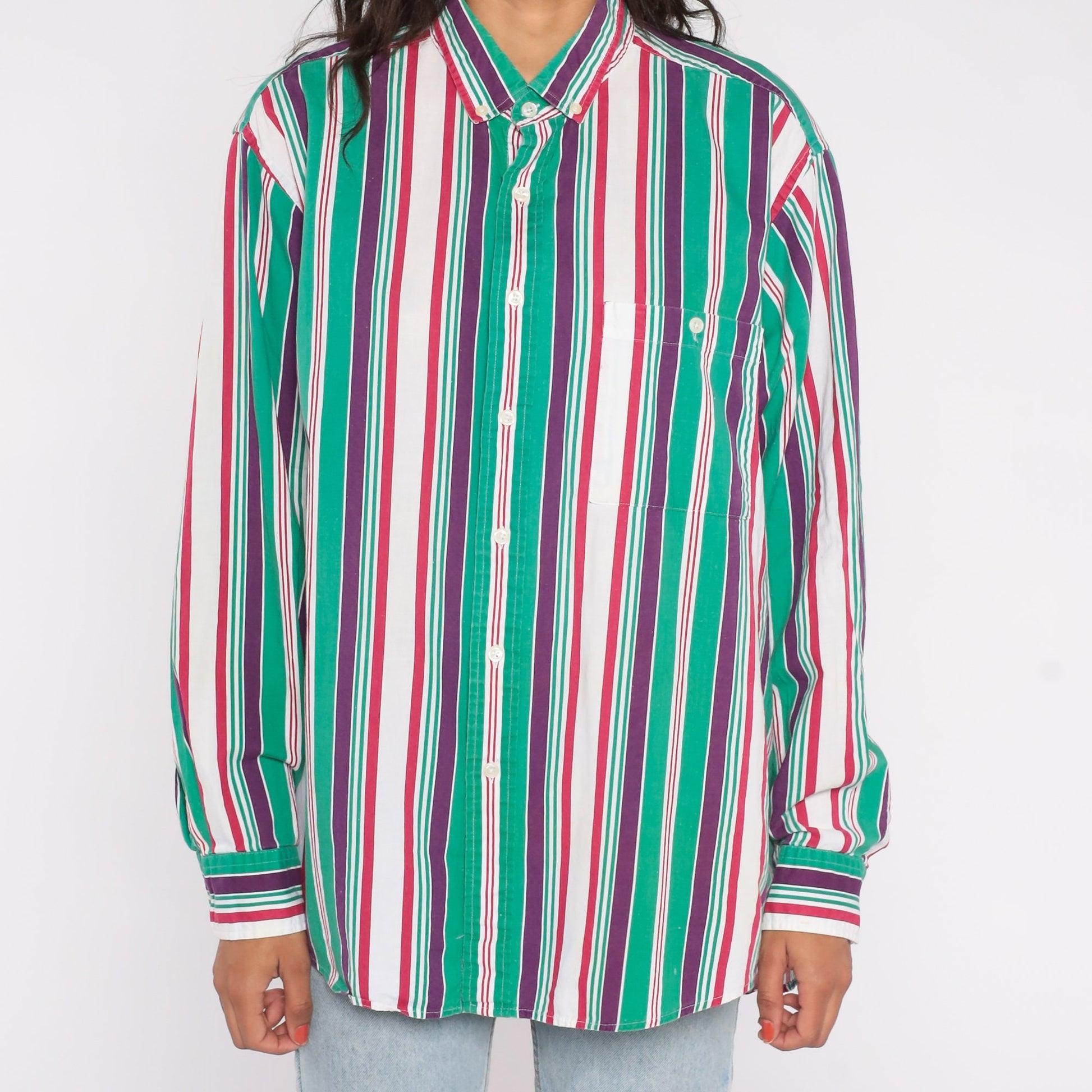 90s Sears Roebuck Striped Cotton Button-Up Shirt Green Purple Extra Large