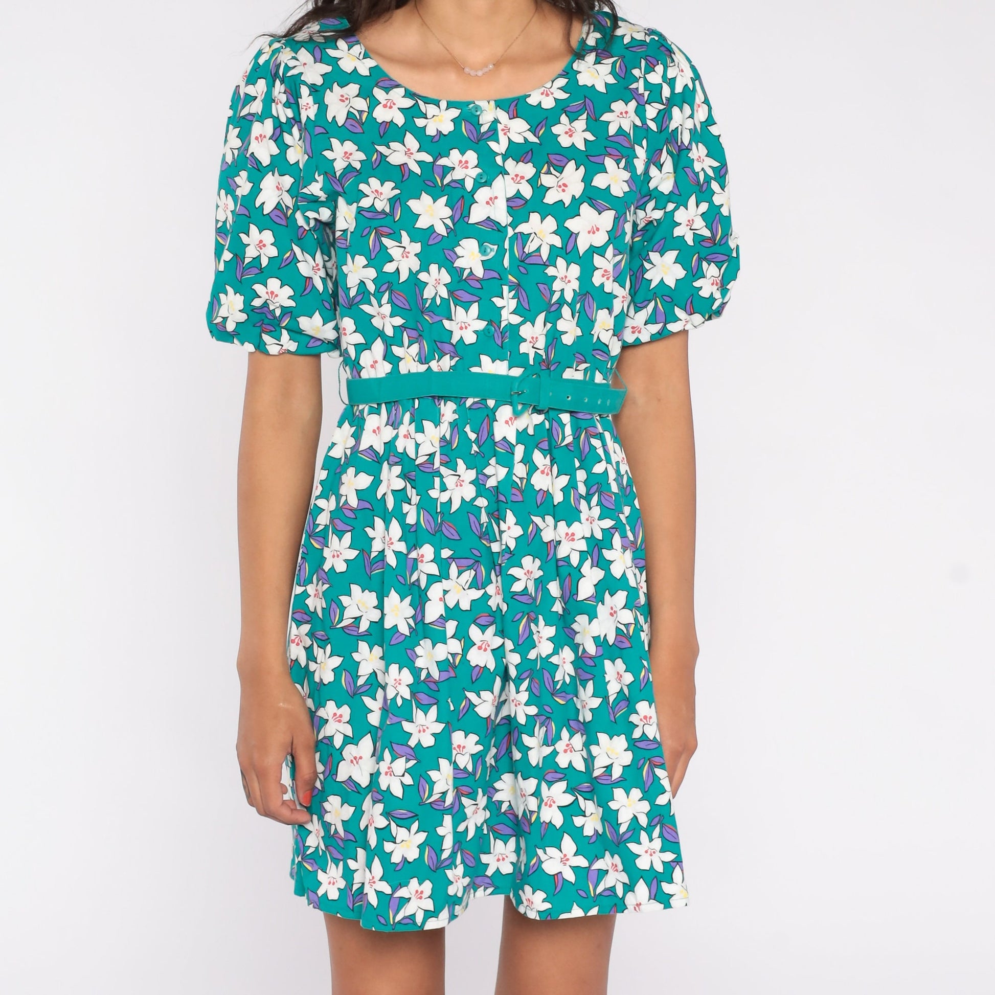 80s Petite by Willi Floral Mini Dress Teal Puff Sleeve Button-Up Small