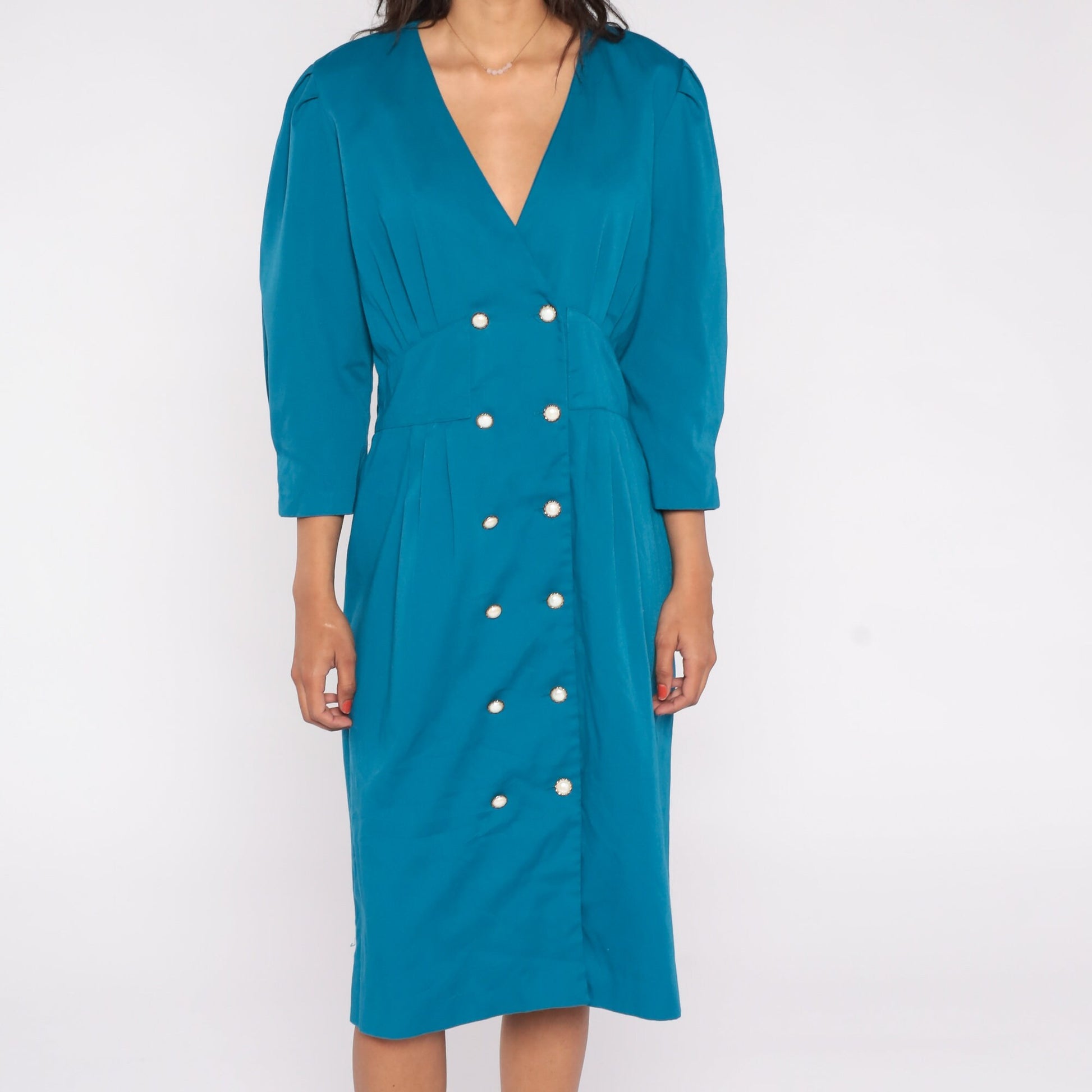 80s Stuart Alan Blue Midi Shift Dress Double Breasted Puff Sleeve Medium