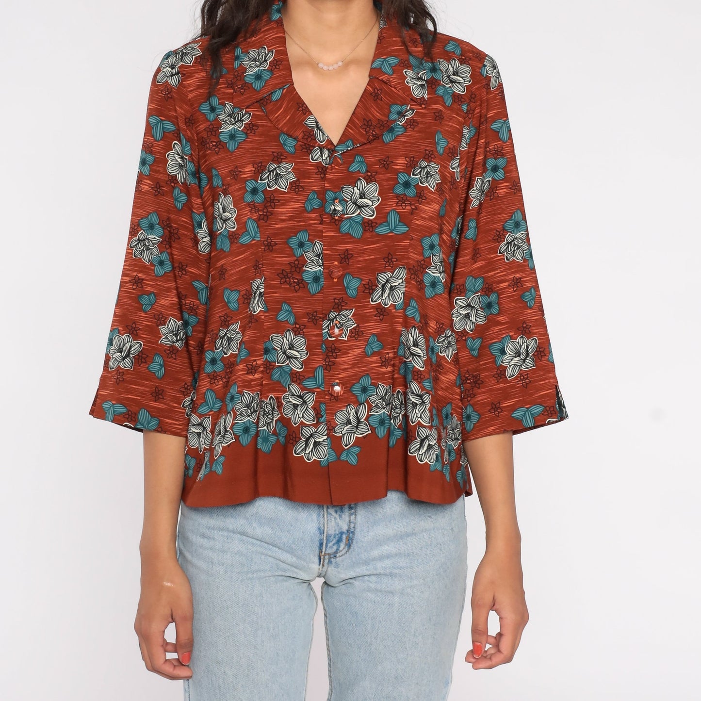 80s Floral Button-Up Blouse Brown Burnt Orange Flower Print 3/4 Sleeve Medium