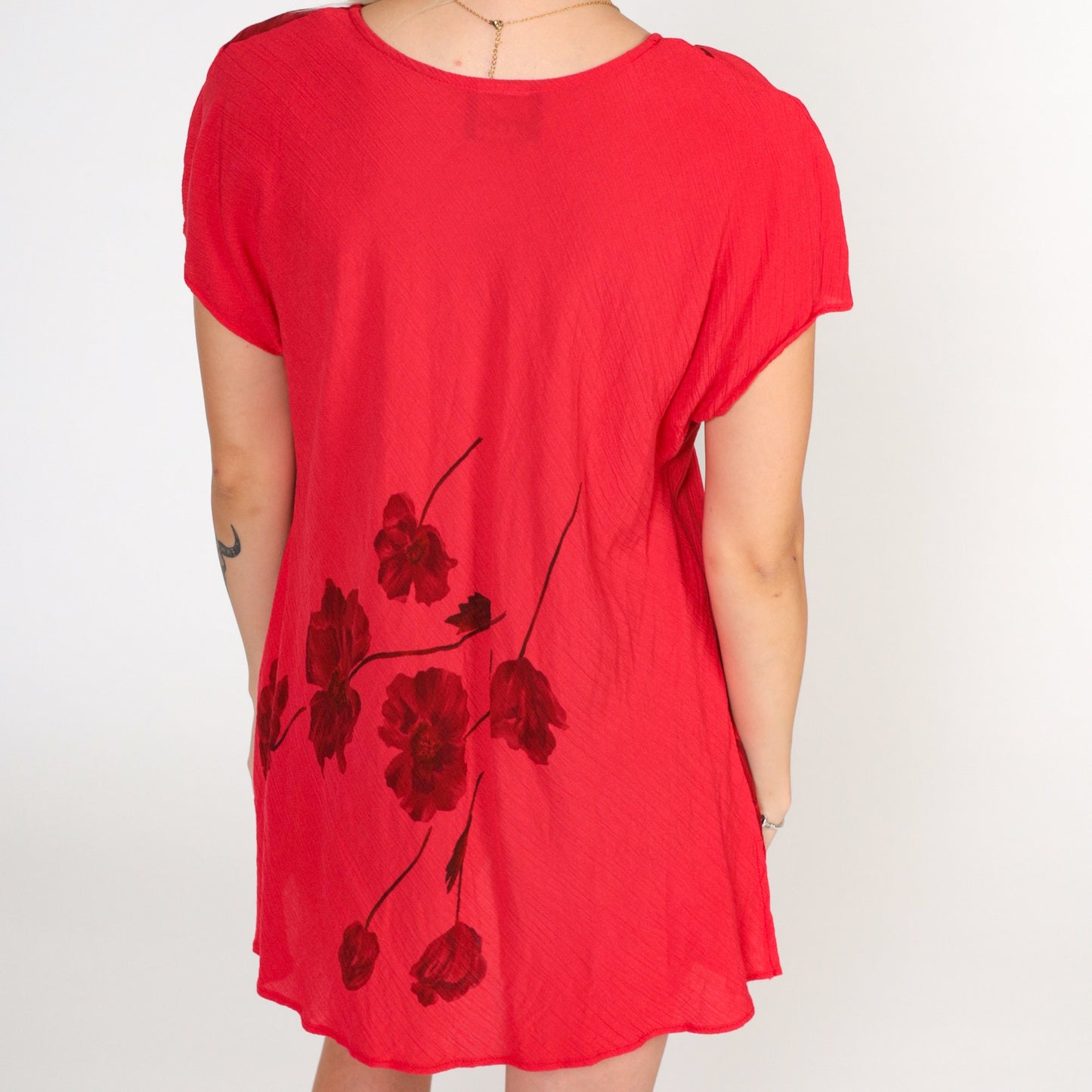 90s Red Floral Mini Dress Scoop Neck Short Sleeve Medium