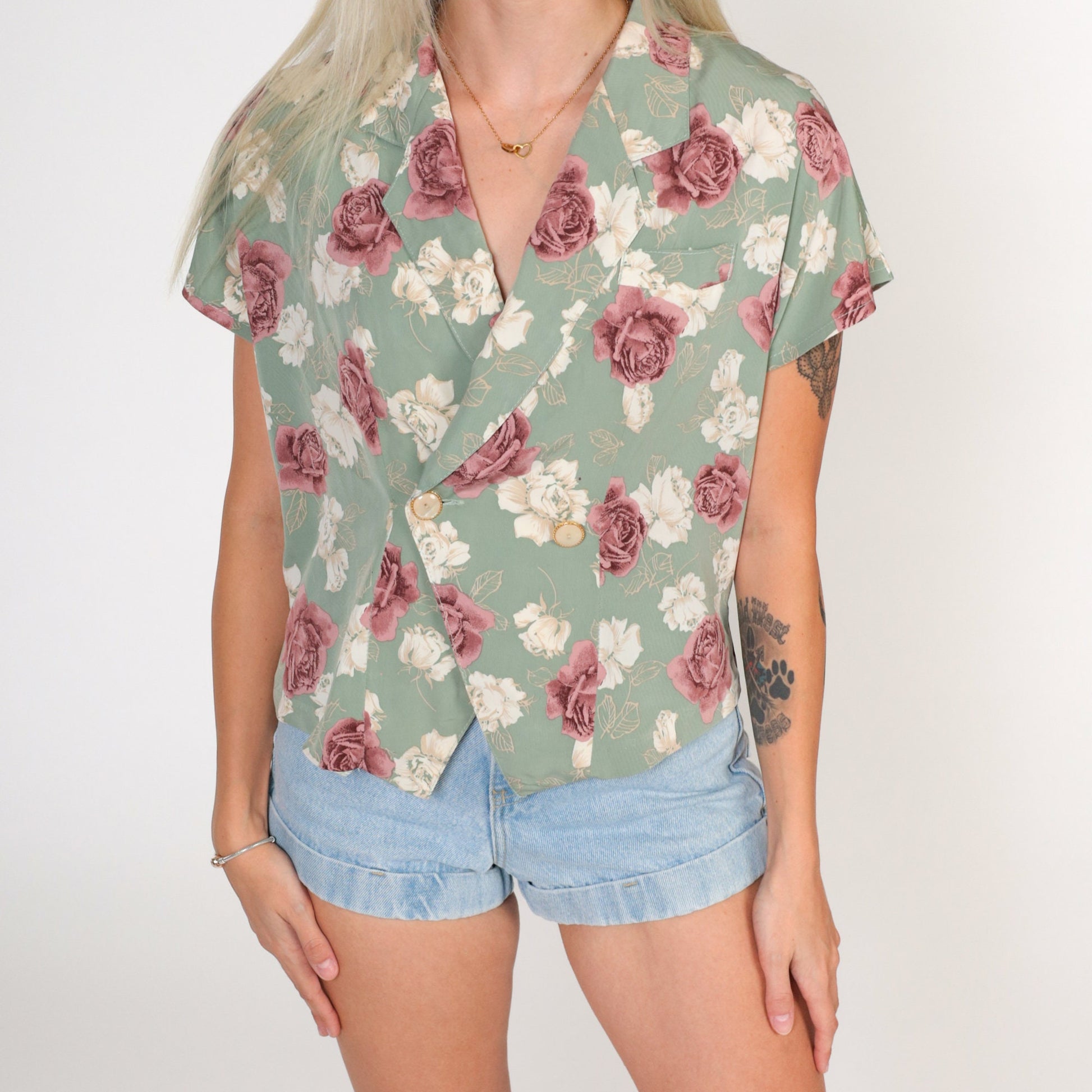 90s Floral Wrap Blouse Green Flower Print Button-Up Cap Sleeve Large