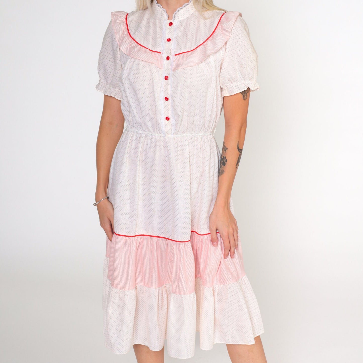 70s White Red Polka Dot Prairie Dress Puff Sleeve High Waist Button Front Small