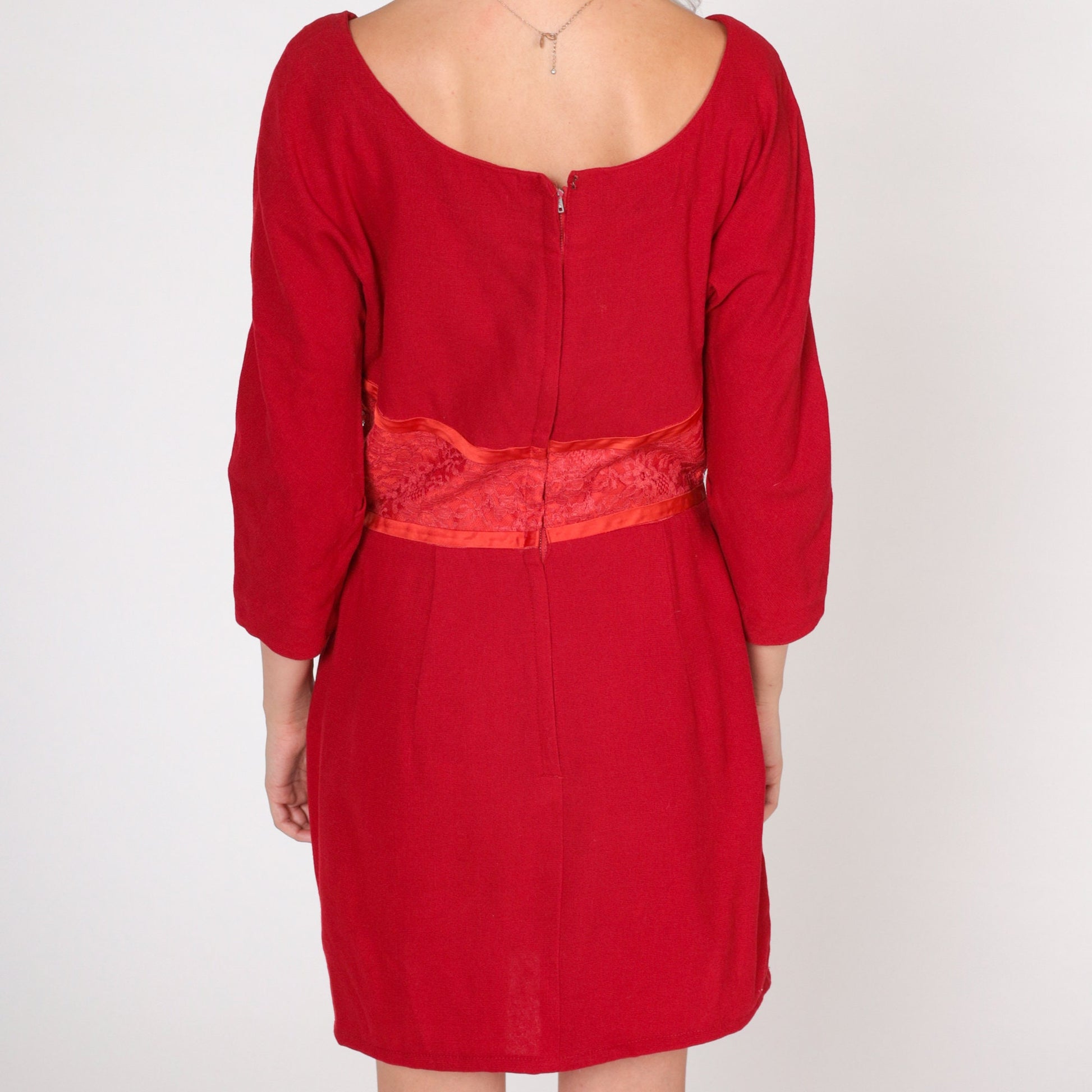 60s Red Wool Mini Dress Empire Waist Floral Lace Long Sleeve Small