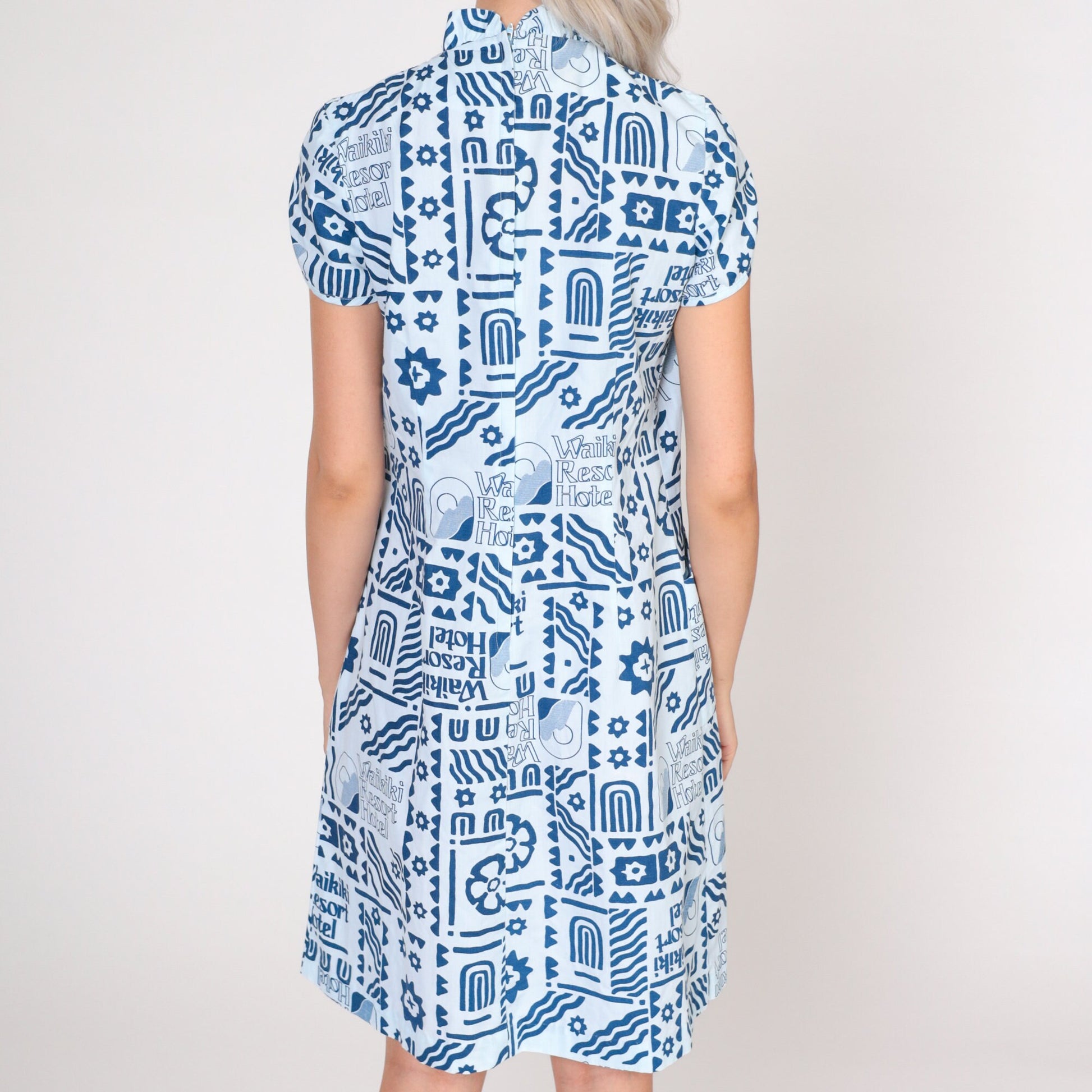 70s Waikiki Hotel Resort Print Mini Dress Blue Puff Sleeve Small