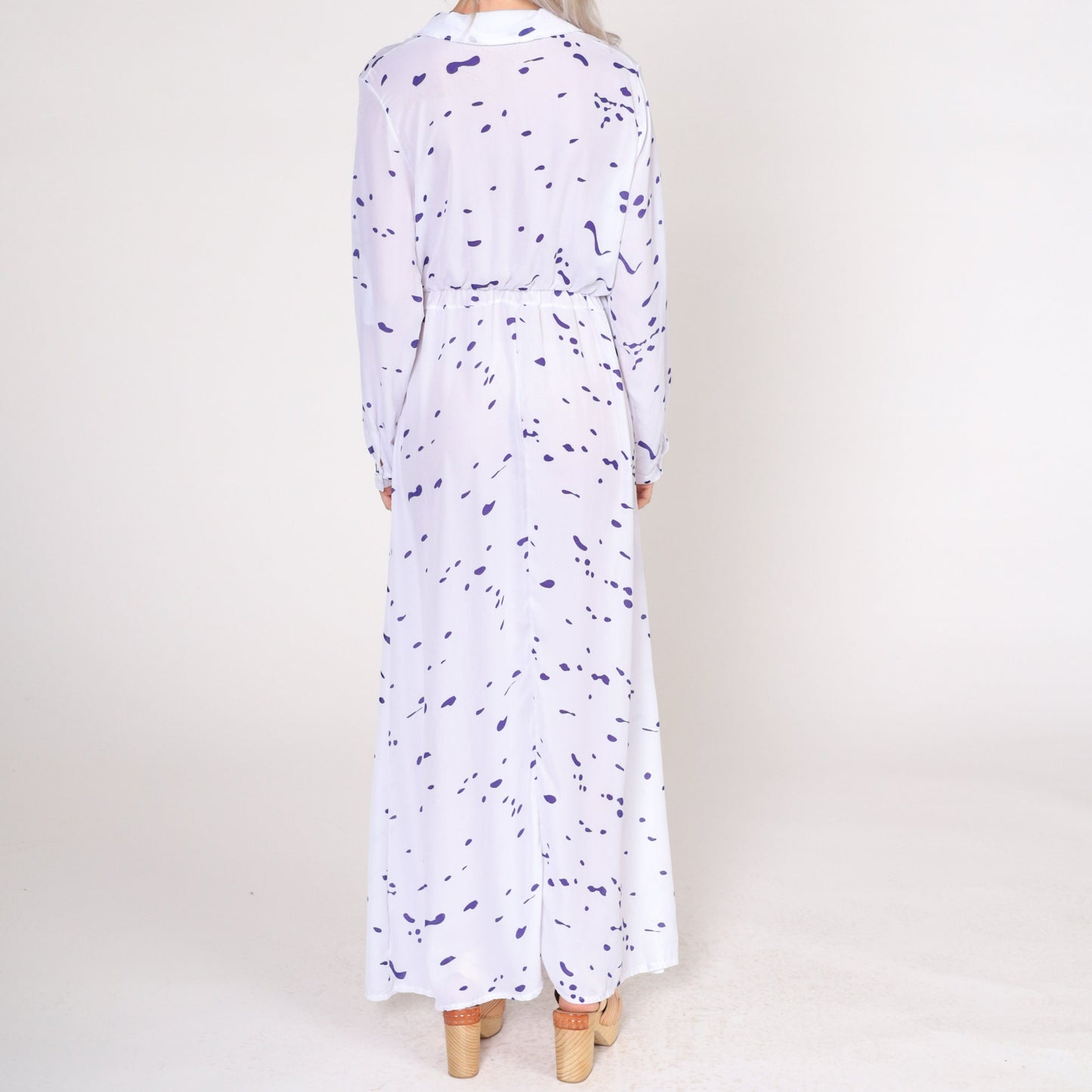 1970s Abstract Paint Splatter Maxi Dress White Purple Long Sleeve Shirtwaist Small