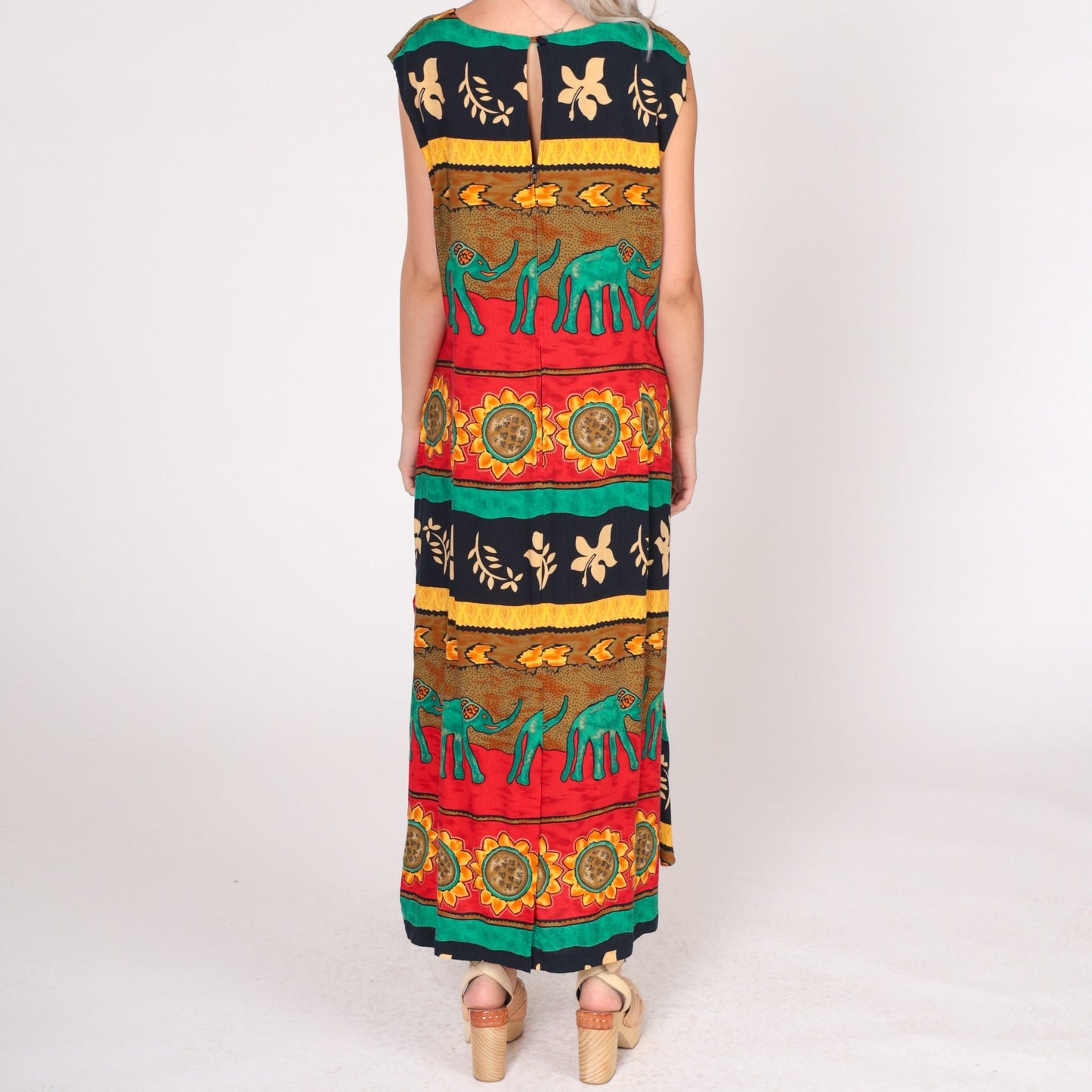 90s Tropical Elephant Sunflower Maxi Wrap Dress Sleeveless Striped Rayon Plus Size 24W
