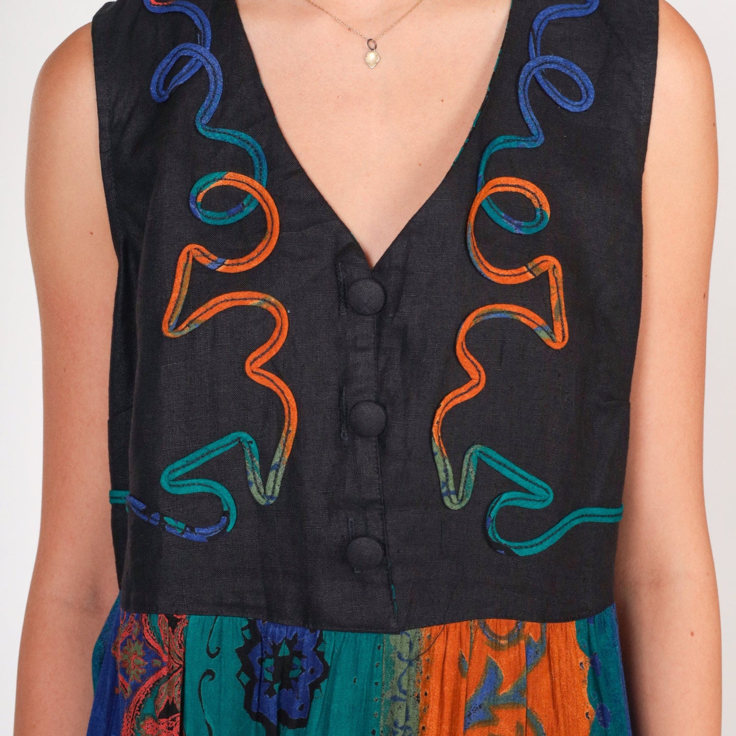 90s Black Abstract Striped Mini Dress Button-Up Sleeveless Medium M