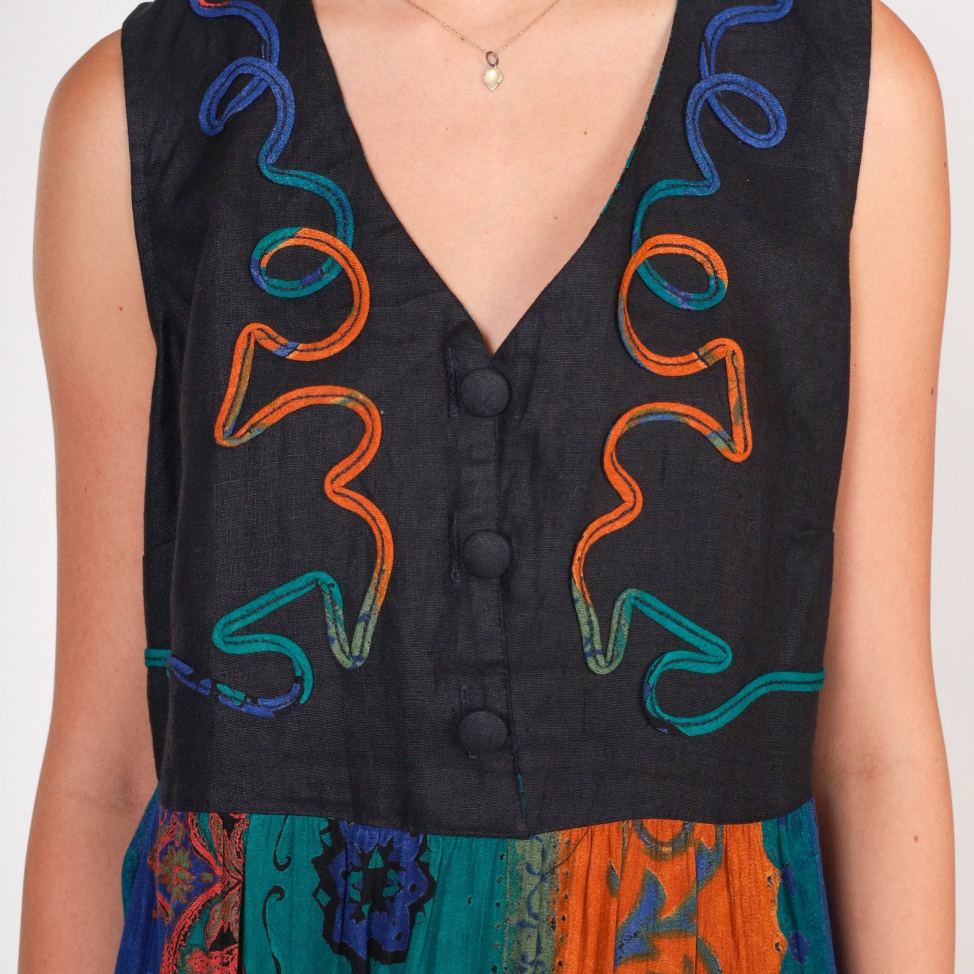 90s Black Abstract Striped Mini Dress Button-Up Sleeveless Medium M