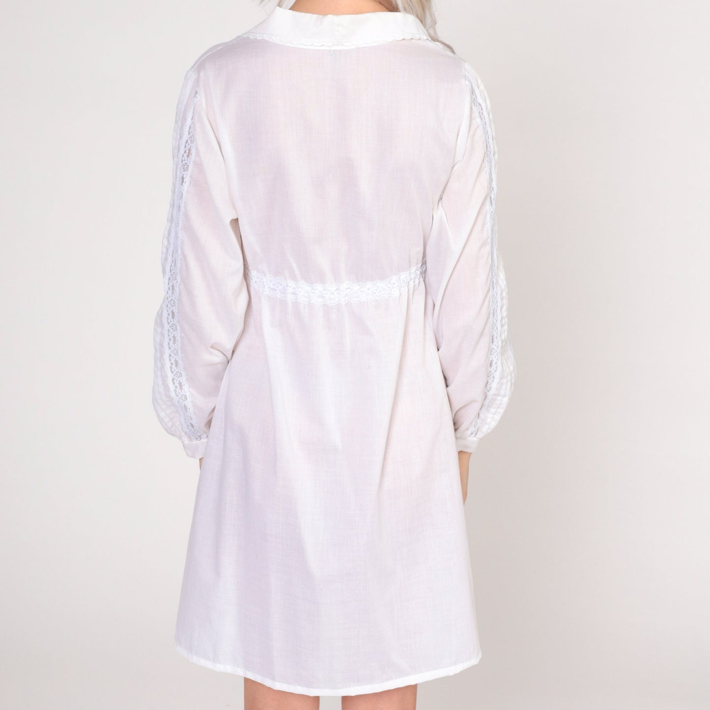 70s White Babydoll Robe Floral Embroidered Mini Dress Long Sleeve Extra Small XS