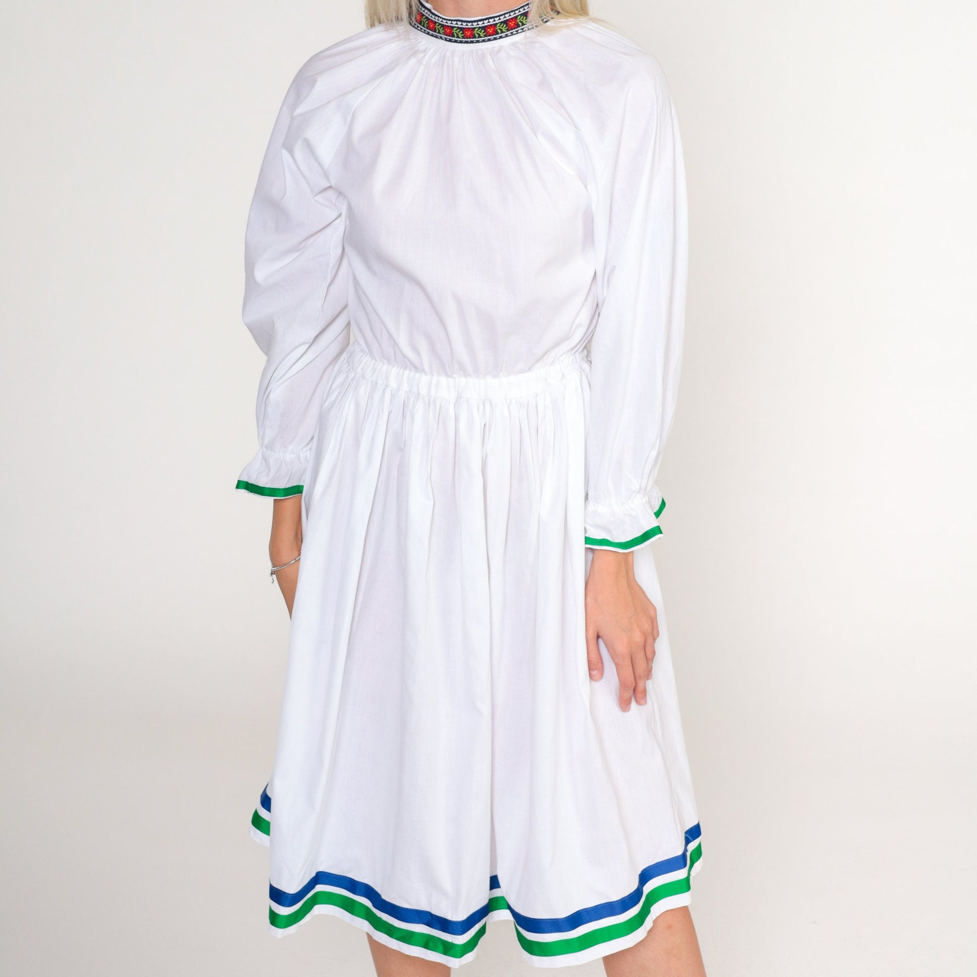 70s White Floral Midi Dress Raglan Sleeve High Waist Cotton Extra Small