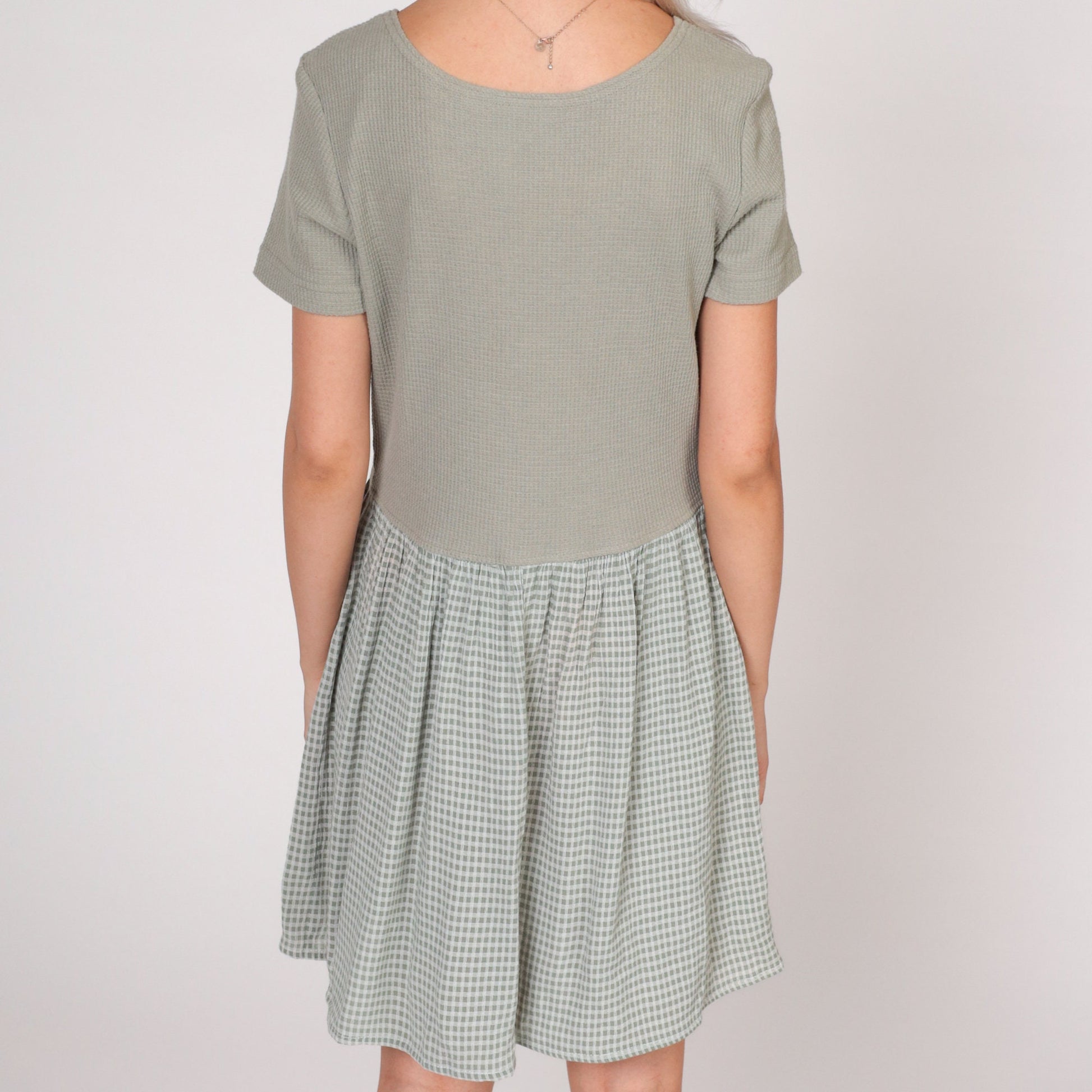 90s All That Jazz Sage Green Waffle Knit Gingham Mini Dress Short Sleeve Large
