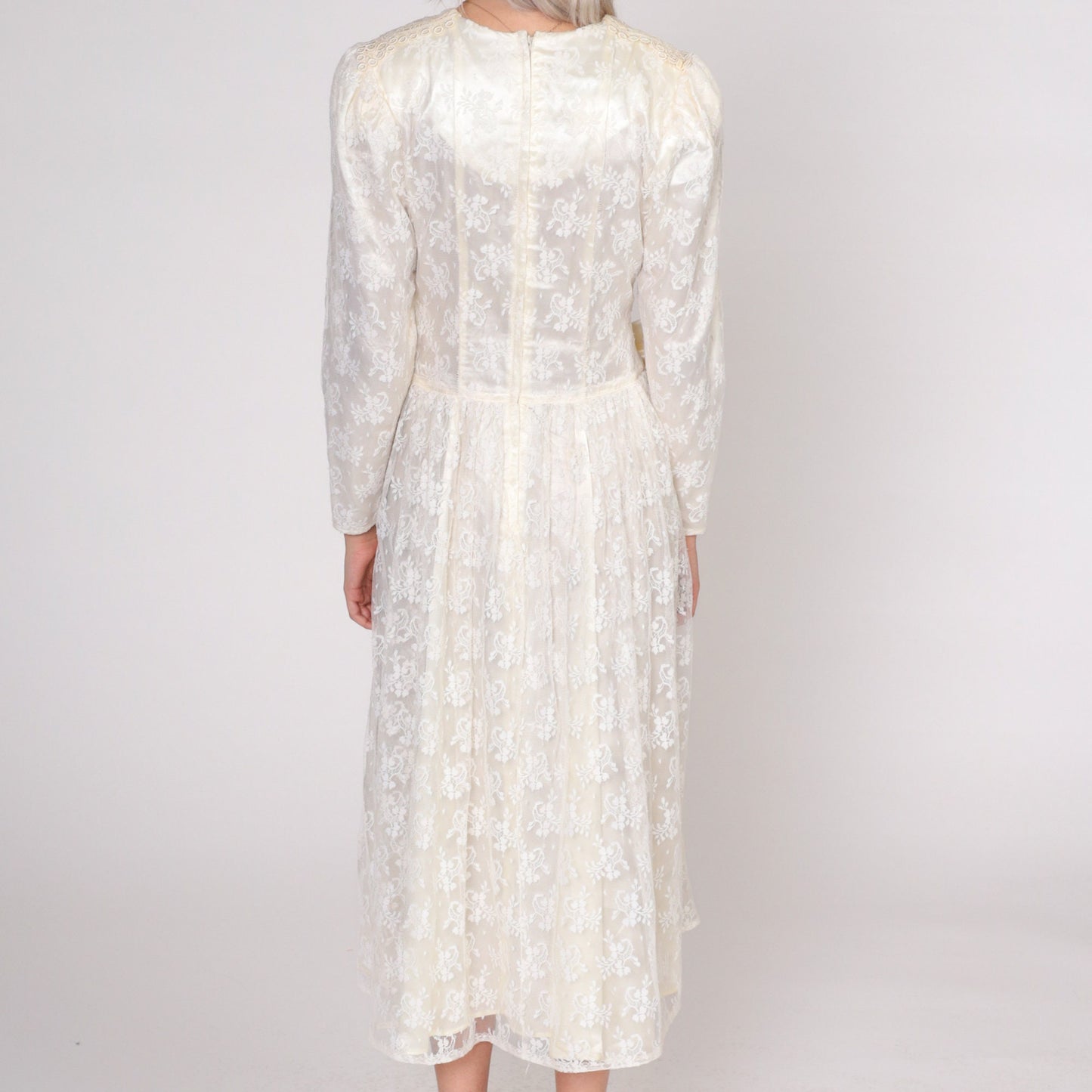Gunne Sax 80s Cream Lace Midi Dress Pearl Beaded Bow Puff Sleeve Small