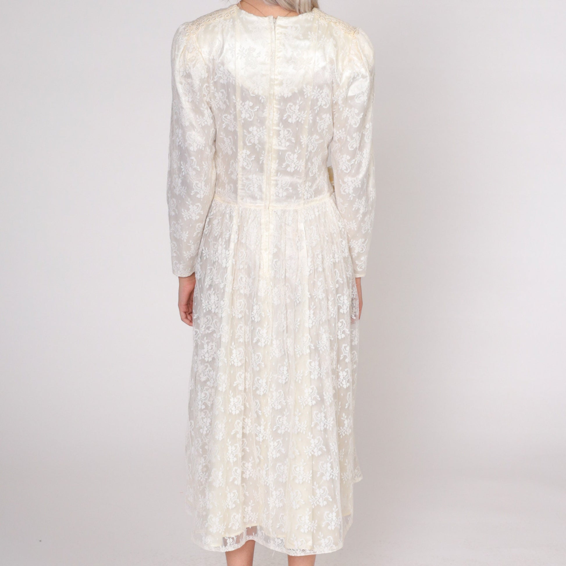 Gunne Sax 80s Cream Lace Midi Dress Pearl Beaded Bow Puff Sleeve Small