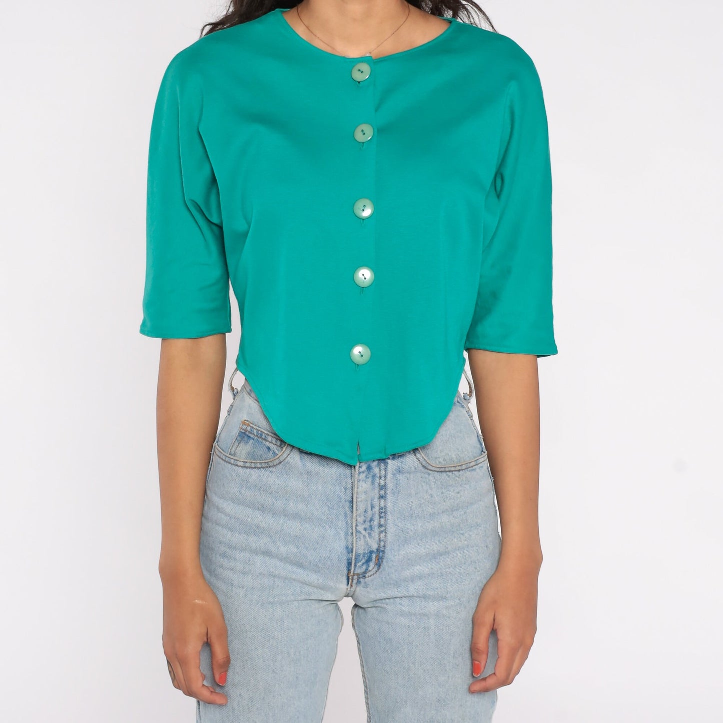 80s Teal Button-Up Crop Top Blouse Short Sleeve High Side Slit Medium Large
