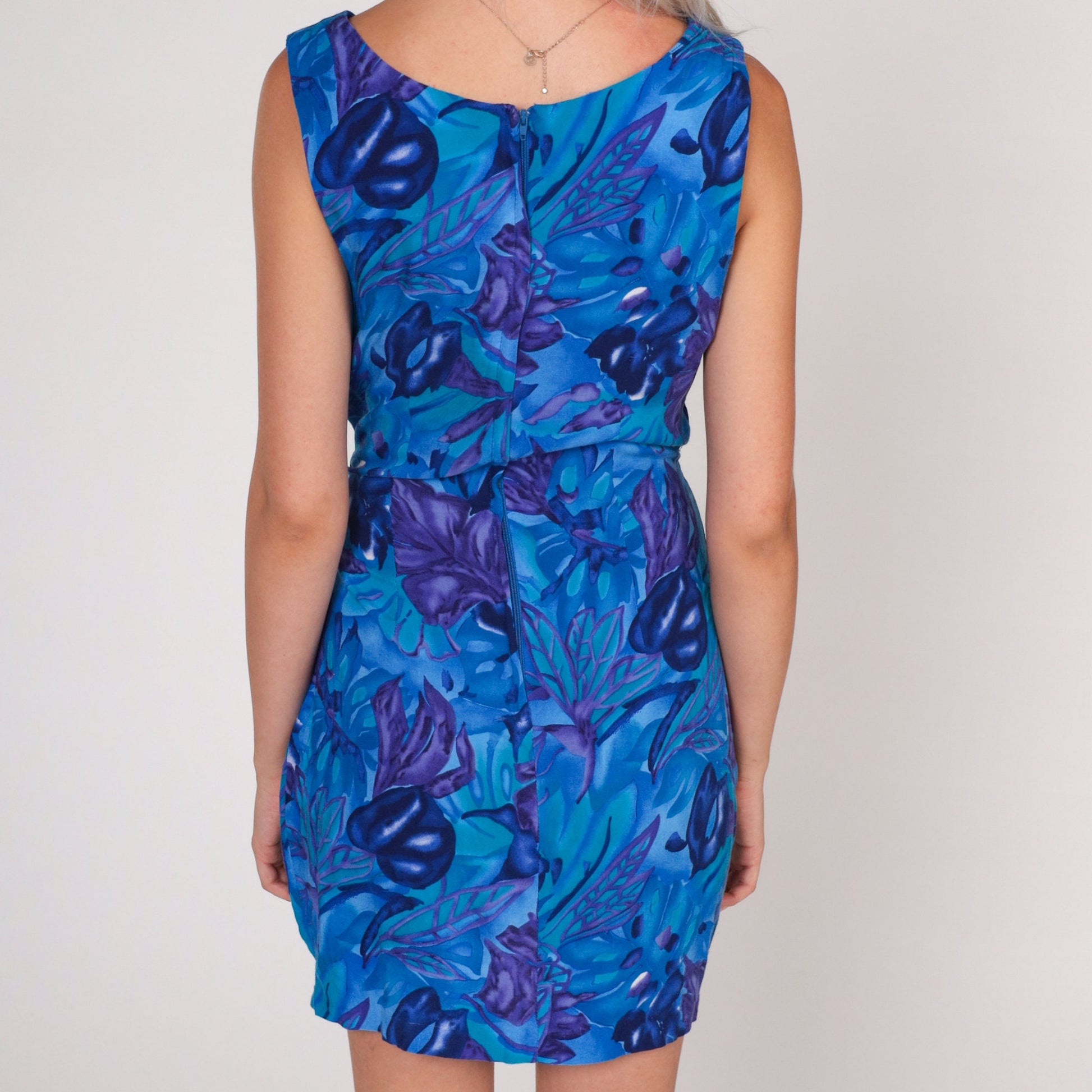 90s All That Jazz Tropical Leaf Mini Dress Blue Sleeveless Wrap Skirt Extra Small