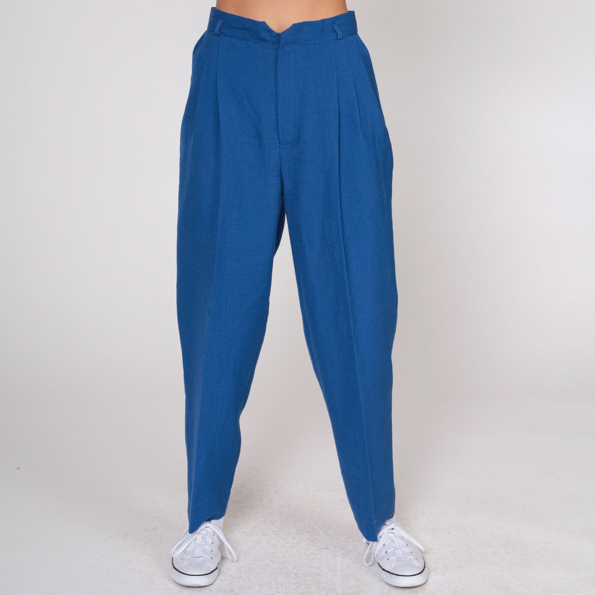 70s Blue Tapered Trousers High Waisted Pleated Pants Small