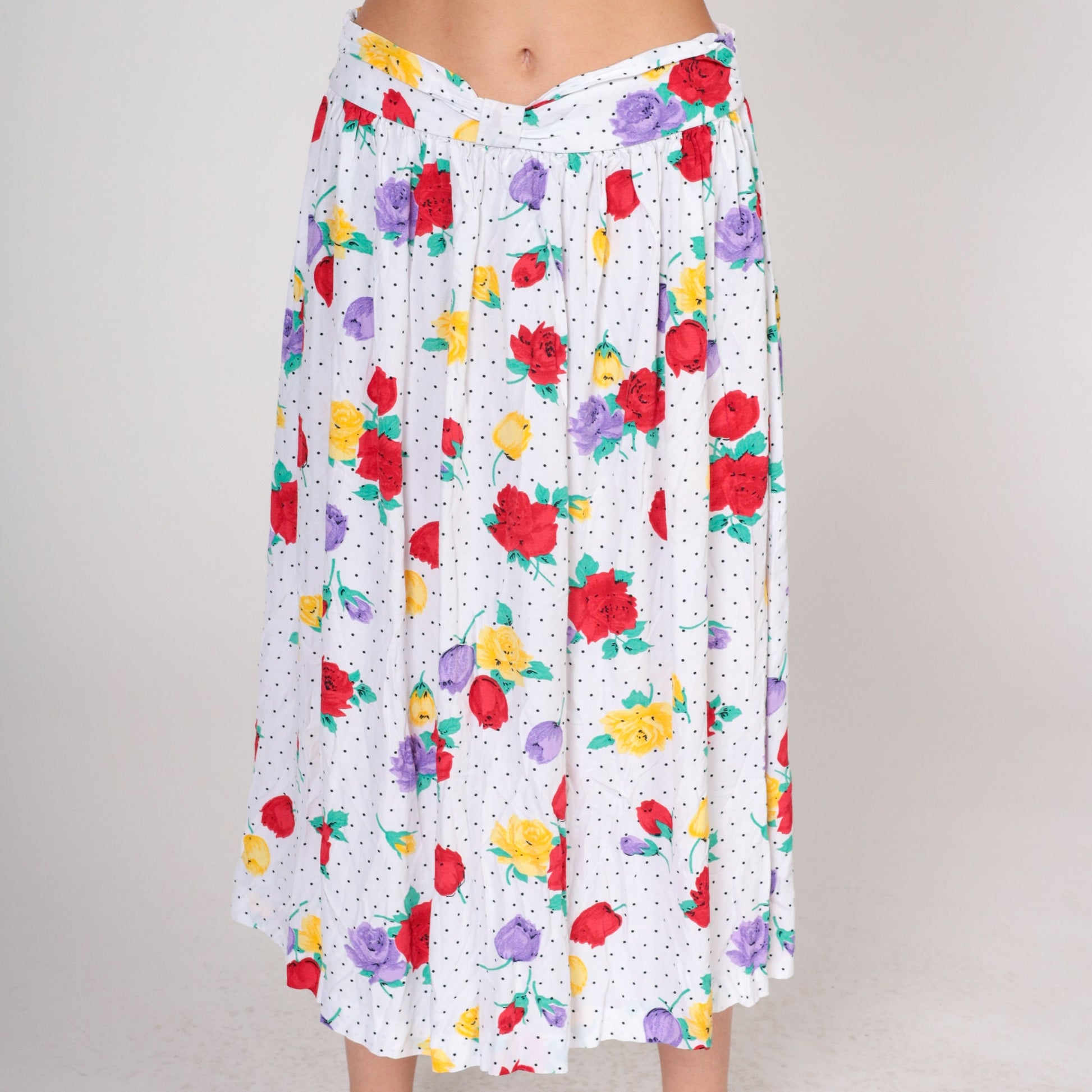 90s Polka Dot Floral Midi Skirt White Black Rose Print Elastic Waist Large