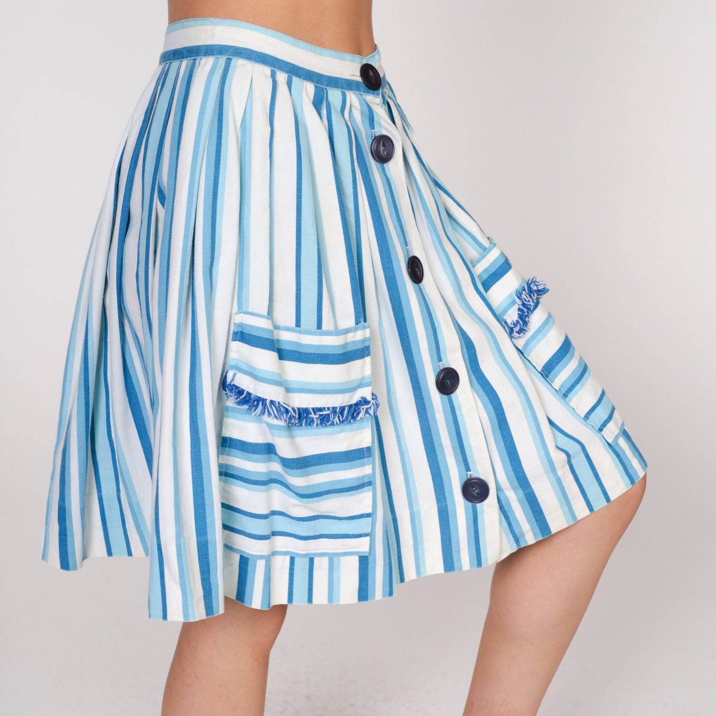 60s Striped Mini Skirt Blue White Button Front Pockets Cotton Extra Small