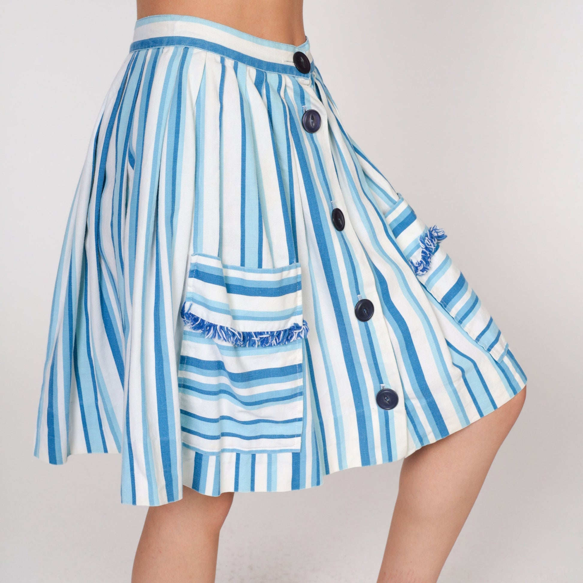 60s Striped Mini Skirt Blue White Button Front Pockets Cotton Extra Small