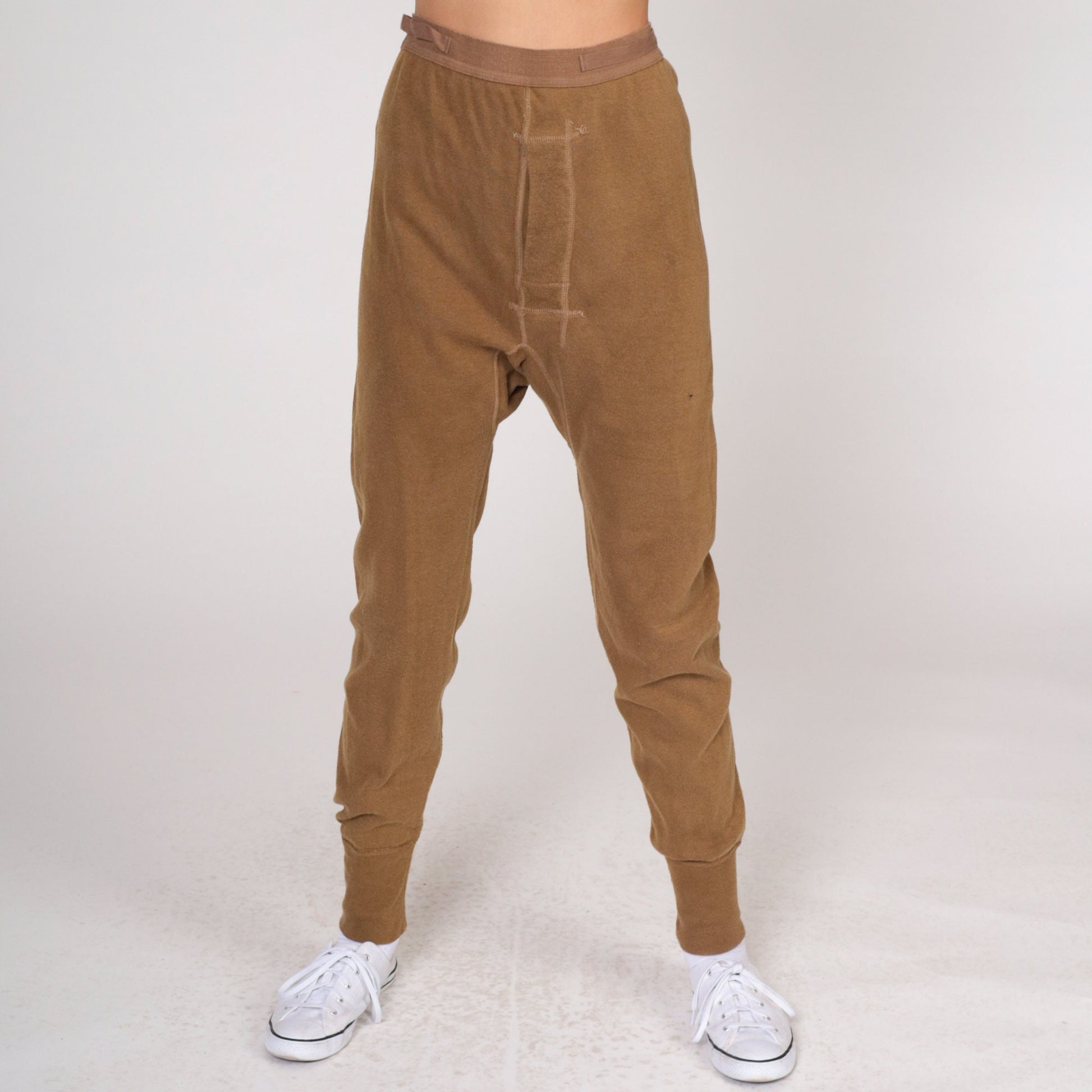 80s Brown Wool Blend Thermal Long Johns Open Fly Men's Medium